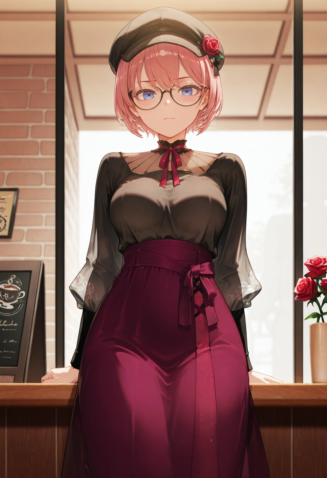 masterpiece, best quality, amazing quality,
<lora:luiIL:1>, luiIL, luicasual, long sleeves, long skirt, neck ribbon, black shirt, high-waist skirt, see-through, ribbon, red skirt, glasses, skirt, medium breasts, short hair, black headwear, shirt, hat, rose, beret, flower, black-framed eyewear, 1girl, looking at viewer, solo, purple skirt, closed mouth, coffee shop,