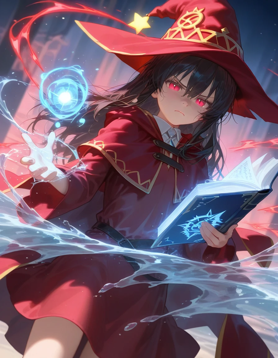 a red wizard holding a blue book, water spell, frown, dutch angle,
<lora:nyalia:.8>
