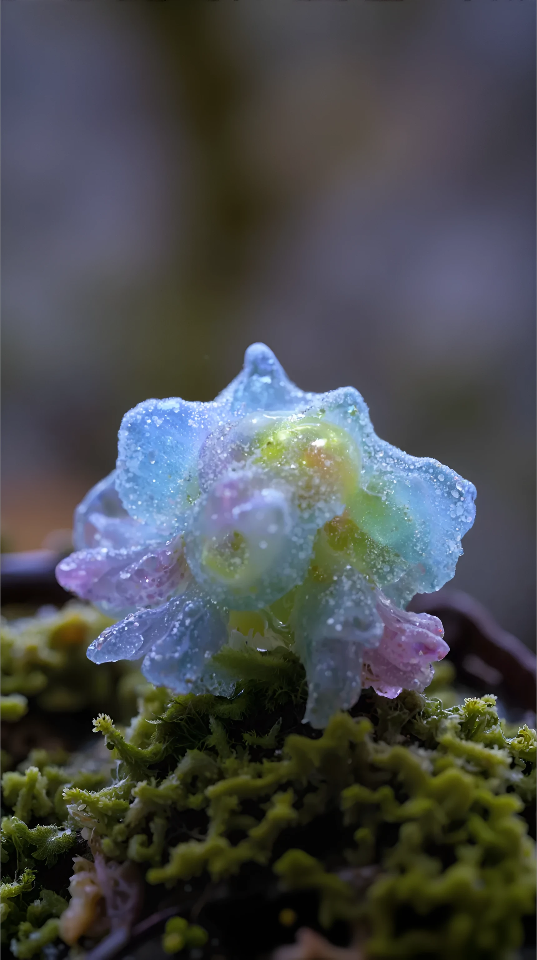 "Macro photograph of a cluster of alien fruits resting on a bed of soft, green moss. Each fruit is a translucent, fluid-like orb, with glowing, vein-like structures visible within. The orbs shimmer in hues of iridescent blue, green, and faint purple, creating a bioluminescent glow that appears alive. Tiny suspended particles float inside the fruit, catching and refracting the soft ambient light. The moss beneath the fruits is richly detailed, with dewdrops clinging to its surface, adding realism and texture. The background is softly blurred, hinting at a natural forest environment with faint bokeh lights filtering through. The scene is lit with a subtle natural glow, emphasizing the organic and surreal textures of the fruits. Highly detailed, OrganicFluidMatter, macro shot, surreal, glowing bioluminescence, soft gradients, cinematic aesthetic."