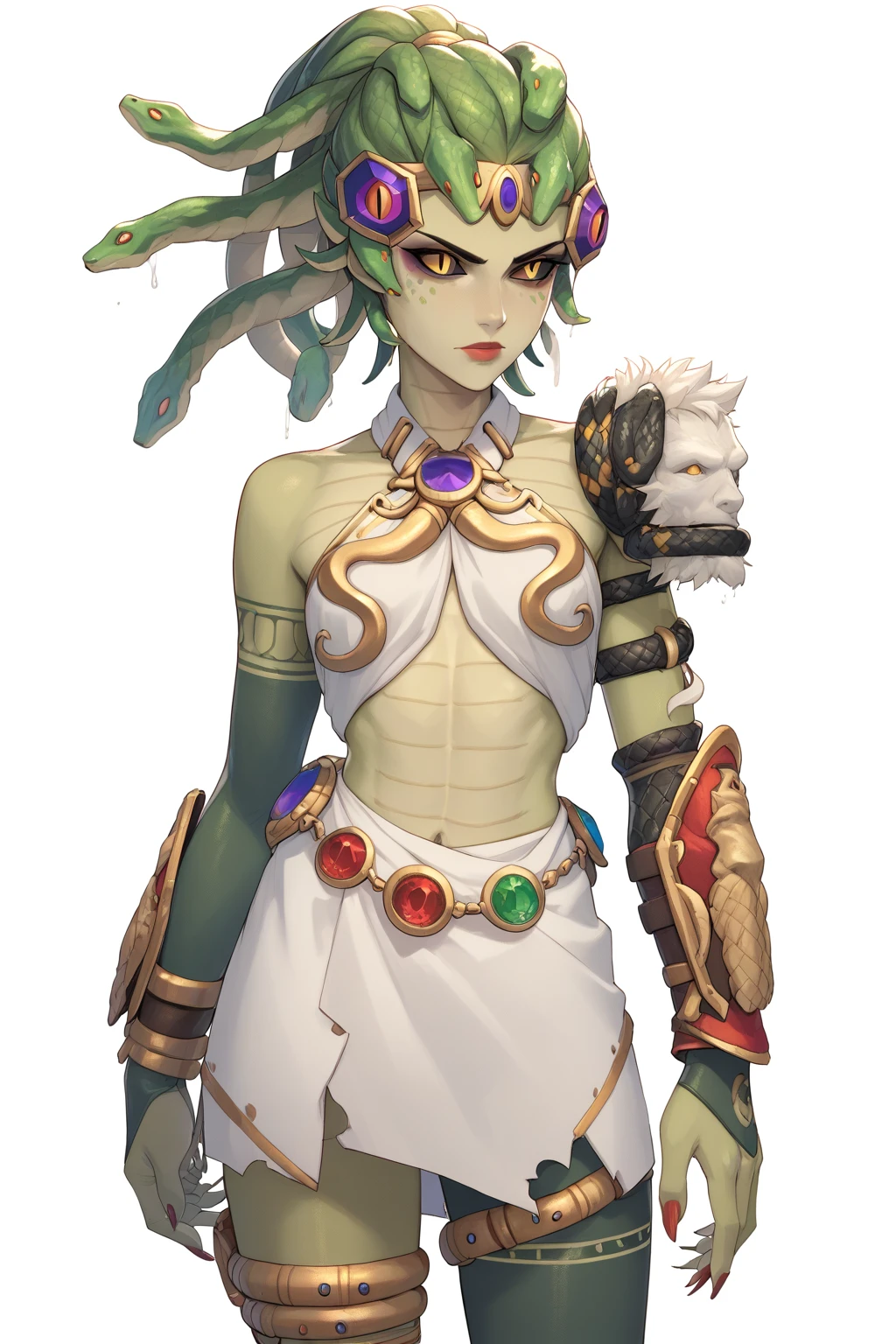 monster girl, solo, cowboy shot, white background, owmedusamaker, ponytail, circlet, snake hair, lipstick, tattoo, jewel belt, asymmetrical clothes, green skin, black sclera, slit pupils, white halterneck, skirt, bracer <lora:OW_MedusaWidowmaker-PONY:0.8>, score_9, score_8_up, score_7_up, score_6_up,