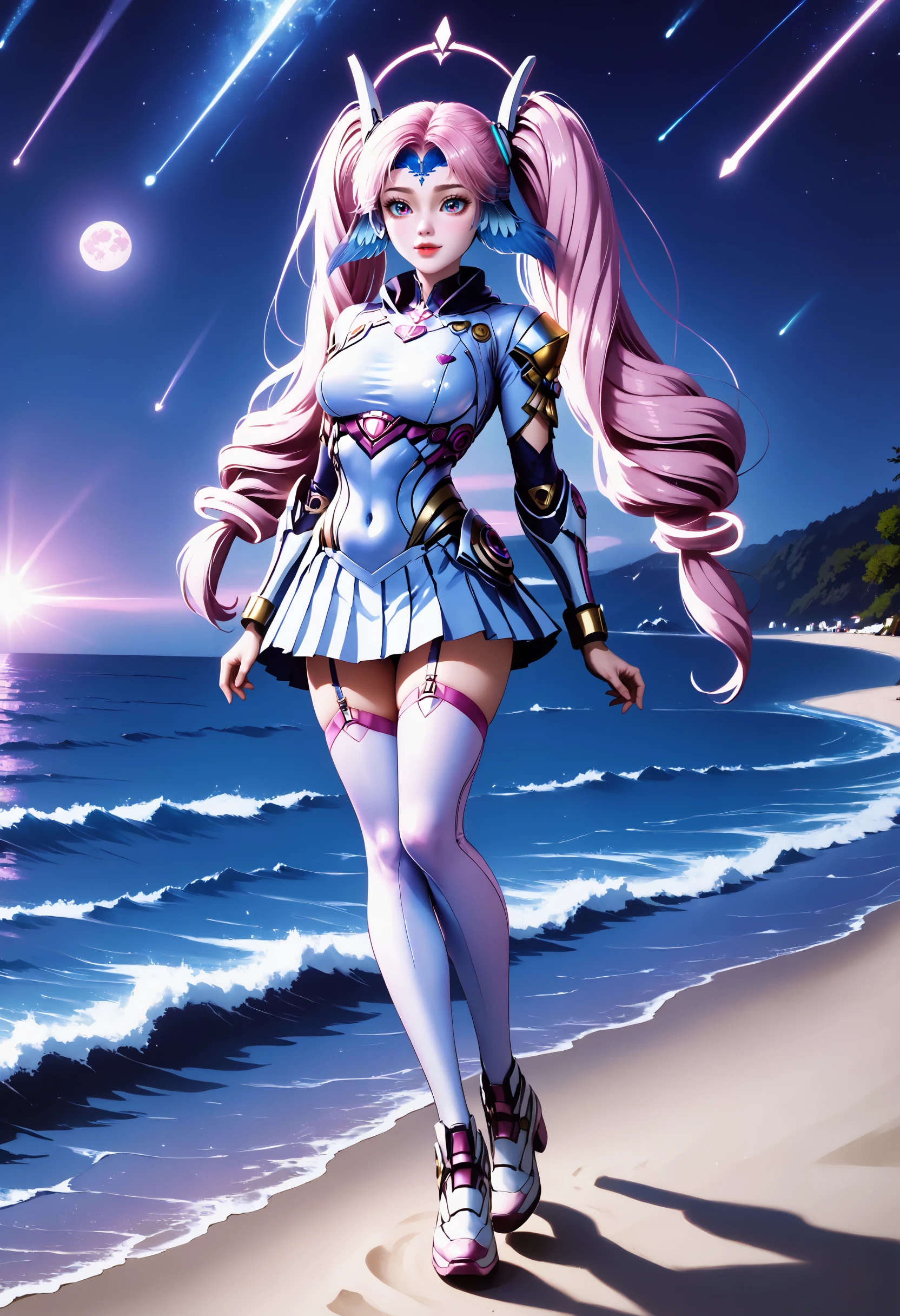 Masterpiece, best quality, amazing quality, very aesthetic, high resolution, ultra-detailed, absurdres, HDR, cinematic lighting, highres, newest,
aichen, 1girl, pink hair, solo, long hair, twintails, drill hair, purple eyes, blue head wings, blue forehead jewel, hair ornament, glowing golden rings on the twintails at the end, dutch_angle, pink aura, heart, dynamic_pose, bodysuit, realistic, photorealistic, cropped_hoodie, pleated_skirt, night, moonlight, white_legwear, white_footwear, beach, blush_stickers, full-face_blush, garter_straps,