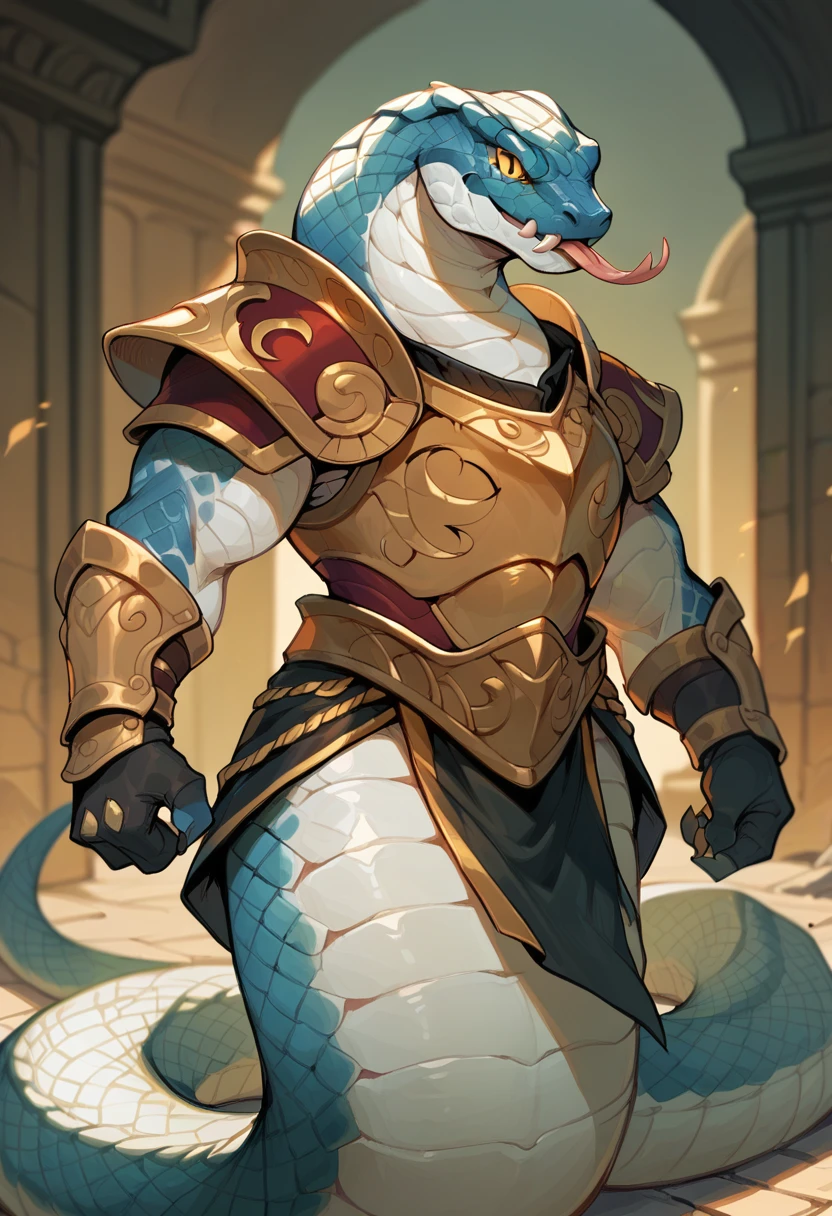 score_9, score_8_up, score_7_up, hi res, high quality, anthropomorphic_snakes_(naga), solo, white body, yellow sclera, slit pupil, armor, scales, no humans, tail, colored sclera, tongue, <lora:Anthropomorphic_snakes_Naga:1>
