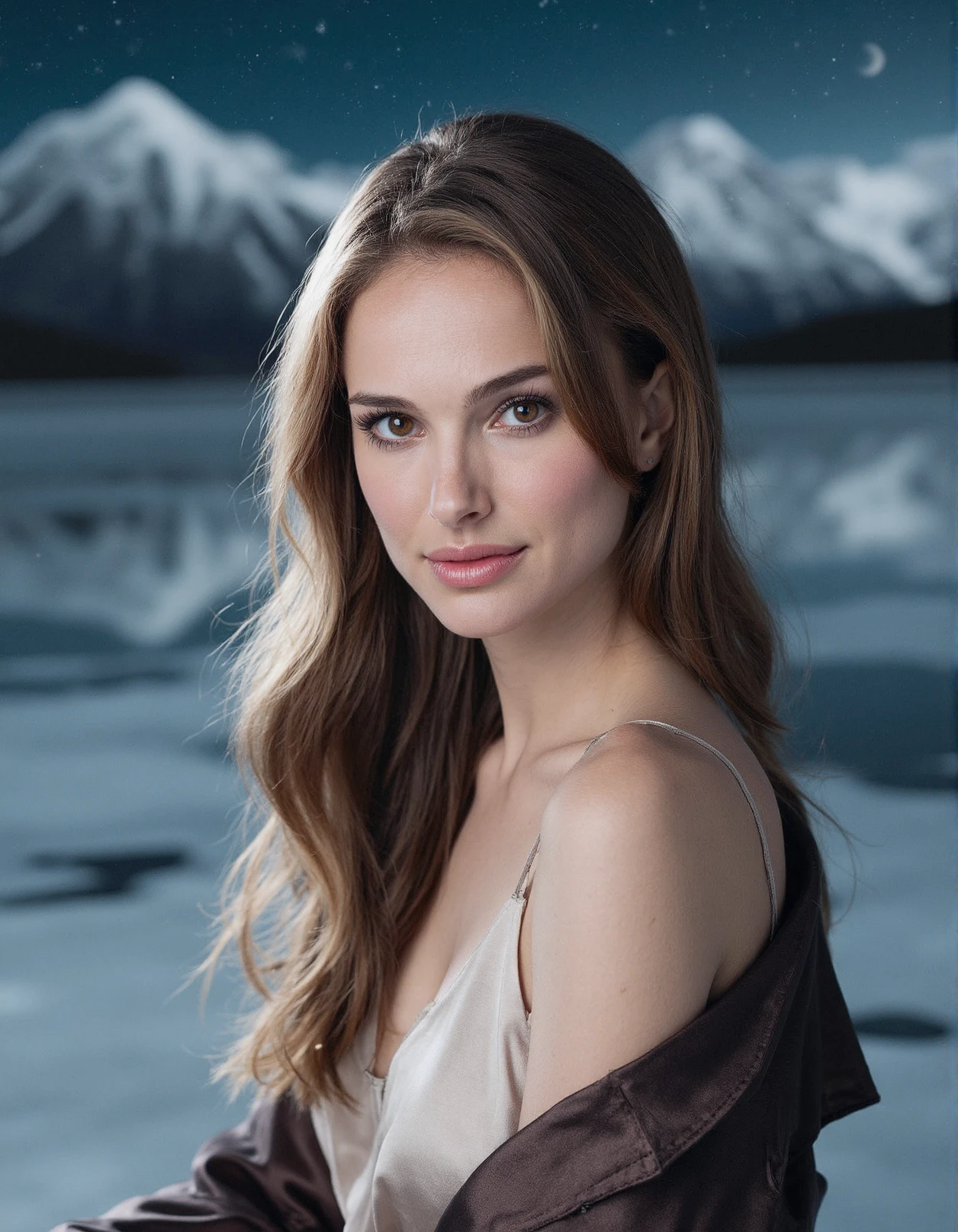 Breathtaking medium shot photography of ohwx, , Frozen lakes reflect the snowy peaks of the surrounding mountains,Night sky with a crescent moon,soft lighting, dressed in a chic satin slip dress with a duster coat and stiletto heels,upper body shot, smile, (upper body framing:1.3), sensual lips, eyelashes, fine hair detail, perfect eyes, iris pattern, eyes makeup, (perfectly sharp:1.3), (head to shoulders composition:1.4), realistic textures, (deep focus:1.1), negative space around subject, 8k uhd, dslr, ultra high quality image, film grain, Fujifilm XT3