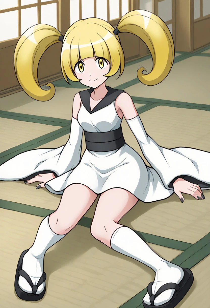 1girl, solo, sitting, dojo, tatami, full_body, looking_at_viewer, furikatherine, twintails, blonde_hair, yellow_eyes, japanese_clothes, white_dress, white_kimono, sash, wide_sleevees, kneehighs, white_socks, sandals, black_footwear, black_nails