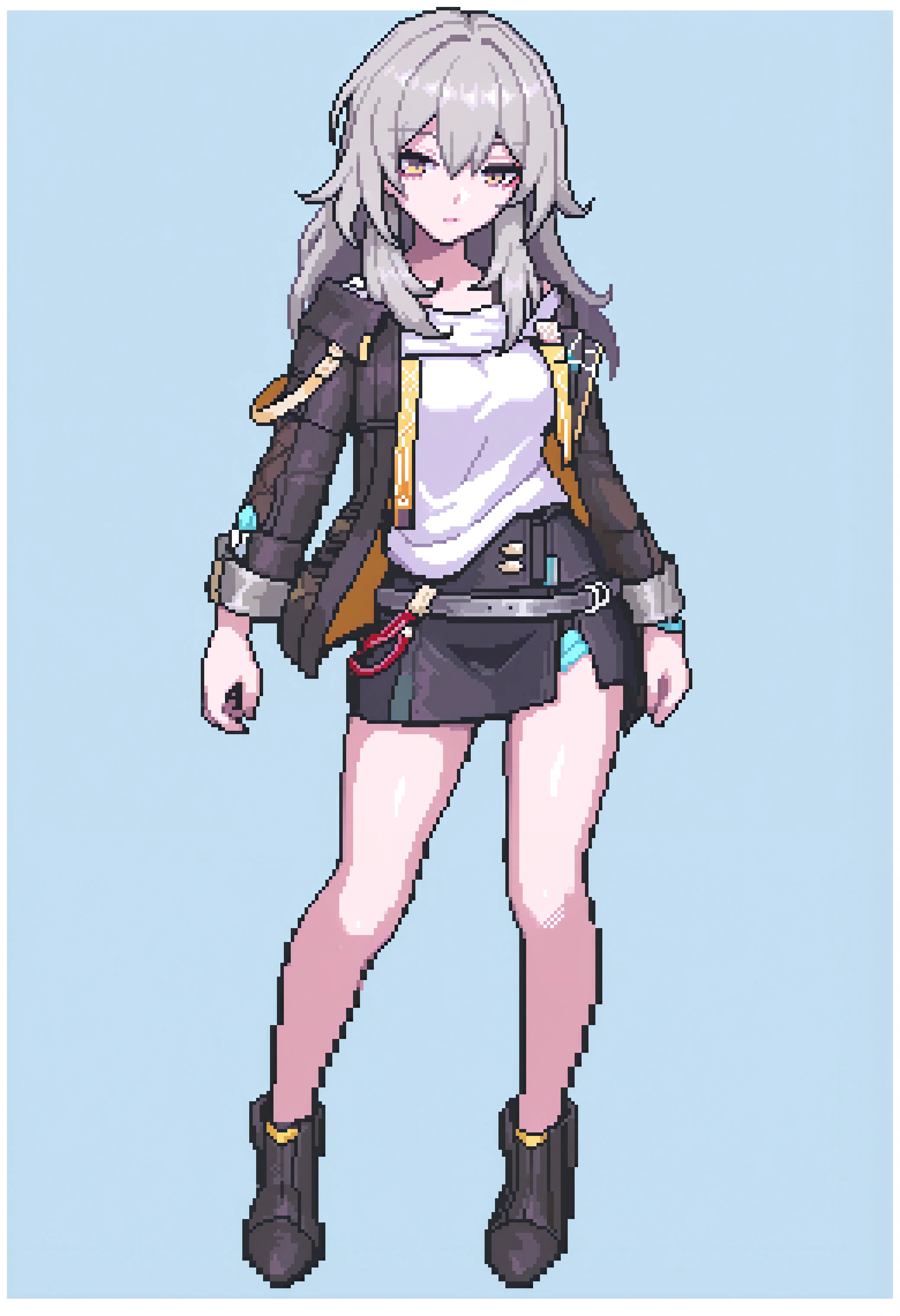 stelle (honkai: star rail)
masterpiece best quality, newest,
1girl, solo, standing, contrapposto, full body, tachi-e, white shirt, black jacket, black skirt,