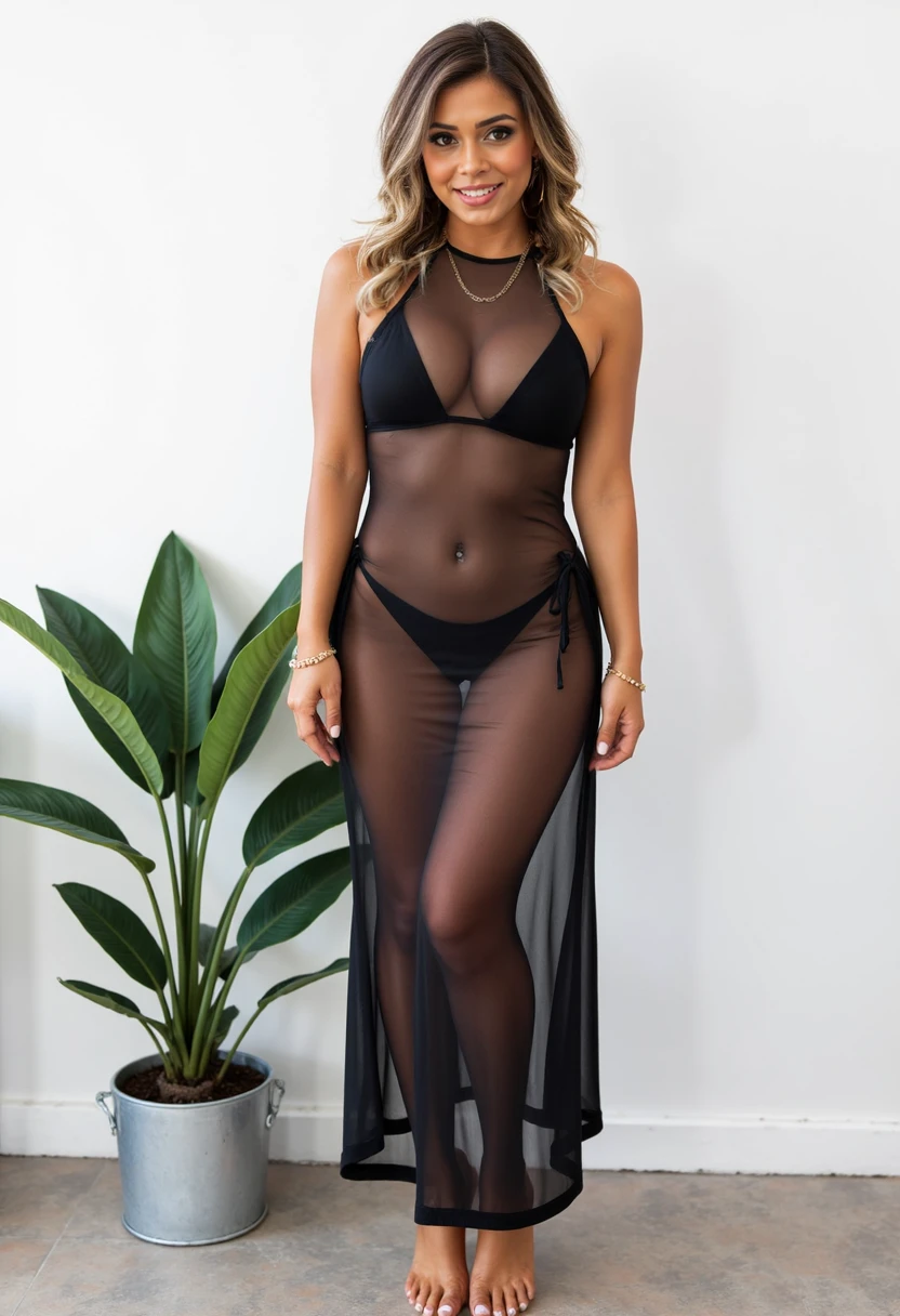 Black bikini, front view, full body, light brown hair, small breasts, slim waist, legs apart, leaning forward, slim face, large eyes