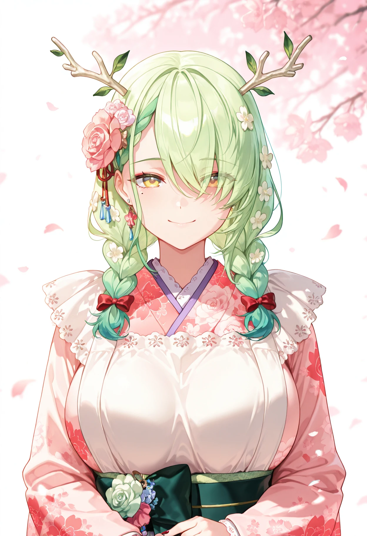 (beautiful woman, wavy hair, Light green hair), smiling lightly, big breasts, cleavage, (kimono:1.4, antique pattern, ruffles:1.2), (antique design), short boots,Full Body、 antique background, simple background, (top quality, masterpiece, high resolution,detailed),animated style,flat style,(eyes shining iridescent colors illuminated light,detailed beautiful face), BREAK,extremely detailed,high saturation,floating,dynamic angles,animated