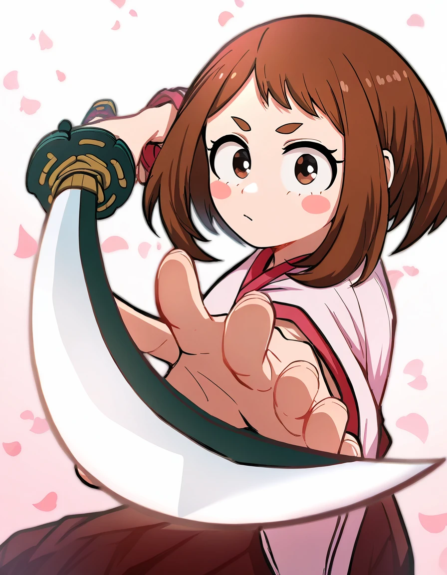 masterpiece, best quality, newest, absurdres, highres, safe,, <lora:ochako-uraraka-ponyxl-lora-nochekaiser:1>, ochako uraraka, brown eyes, brown hair, short hair, blush, blush stickers, medium breasts, <lora:gatotsu-stance-illustriousxl-lora-nochekaiser:1>, gatotsu stance, weapon, sword, katana, holding weapon, holding, holding sword, foreshortening, japanese clothes, kimono, looking at viewer,, ,