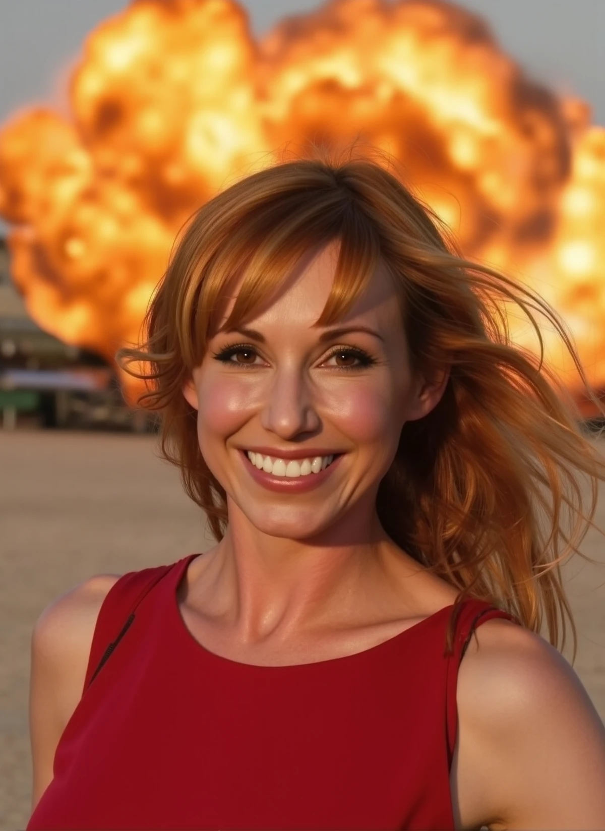 Beautiful portrait photo of karibyron her hair is loose and flowing, wearing a red sleeveless top. She stands at a bomb disposal site. Behind her a giant fire ball from an explosion. Her face is evenly lit for this Epic cinematic photo. She is smiling excitedly. <lora:karibyron-v00-000011:1> <lora:UltraRealPhoto:0.7>