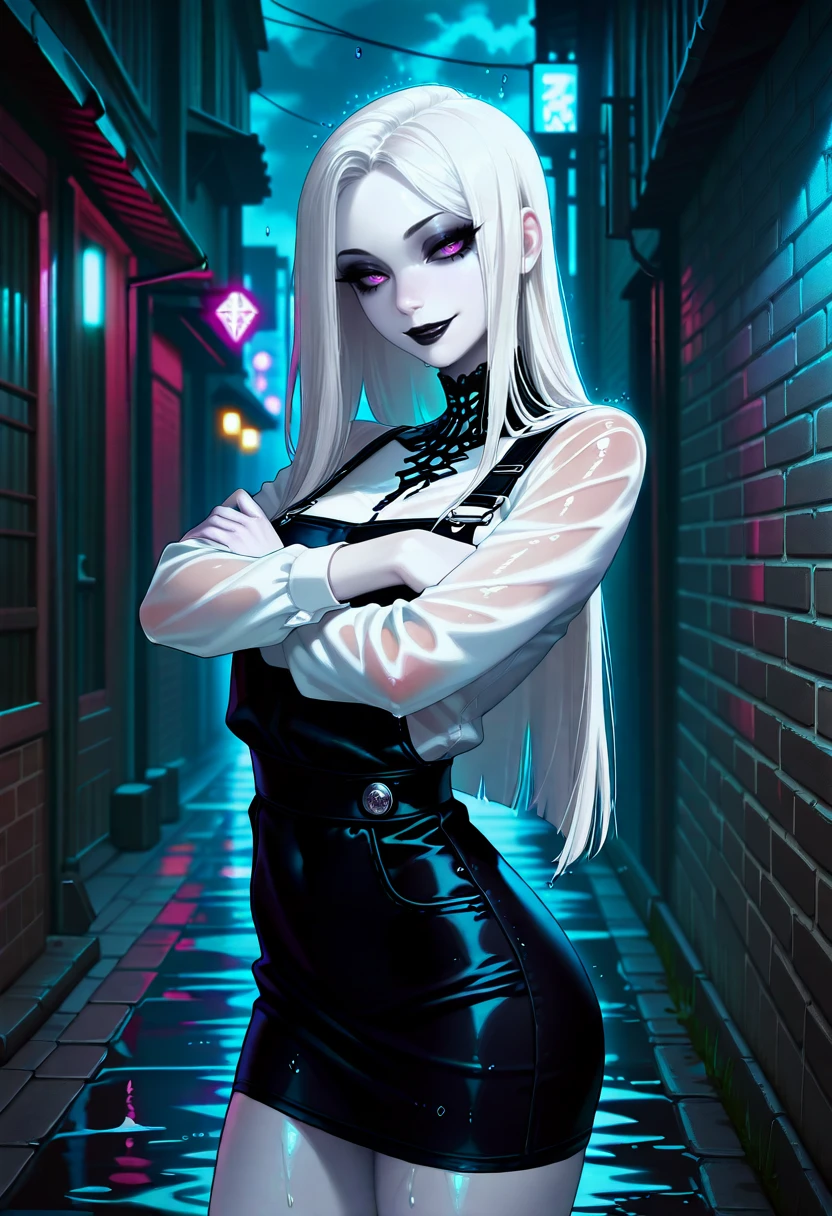 IllusP0s, 1girl, goth girl, (very pale skin, grey skin, white skin:1.4), eyeliner, eyeshadow, heavy makeup, looking at viewer, white hair, long hair, straight hair, seductive smile, black lipstick, pretty face, long hair, long sleeves, white shirt, black skirt, navel, sexy pose, wet clothes, see-through, black chocker, jewelry,public, leaning back, crossed arms, standing, brick wall, (grey bricks), dark alley, night time, , heavy-rain, rain, wet, cloudy, dark, water drop, overall blue lighting, neon glow, blue