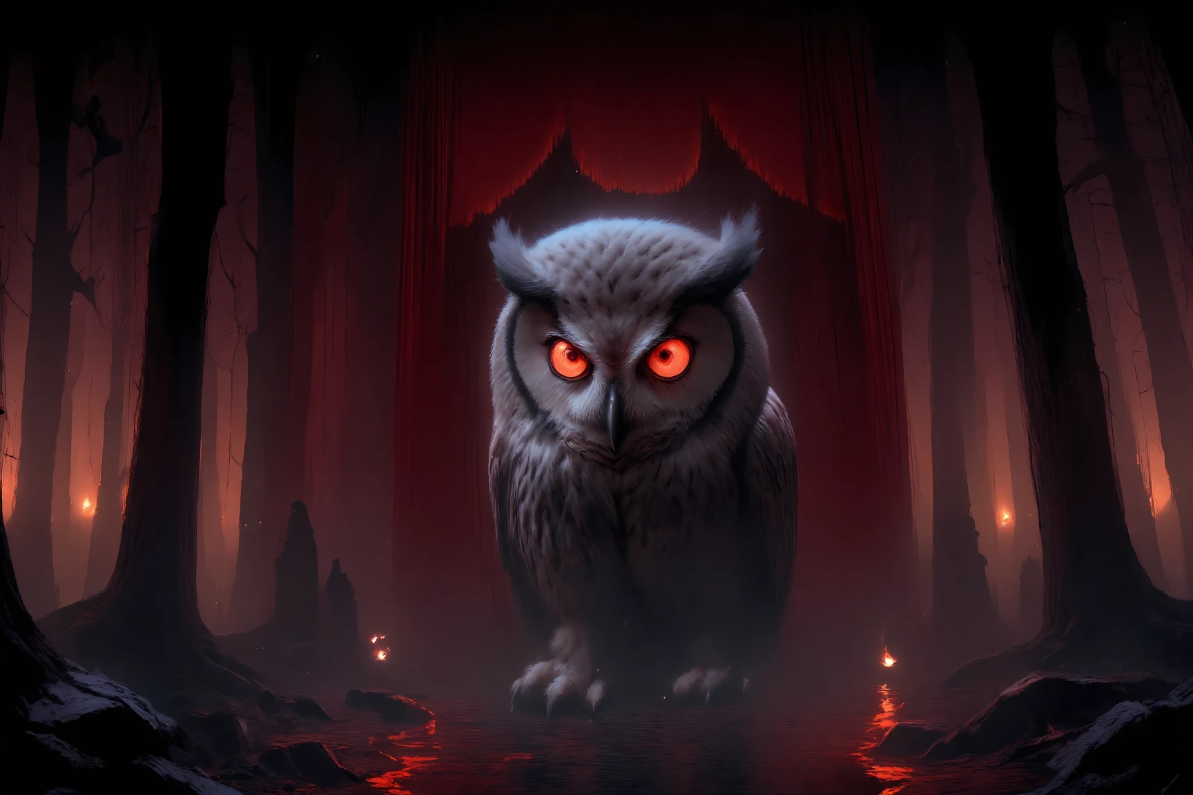 Red velvet curtains amidst heavy mist and fog and smoke and the curtains parted open just enough to reveal two fiery owl eyes in the darkness, staring directly at viewer, very sinister unnerving unsettling feeling, mysterious, hsubting ethereal terror, cerebral horror