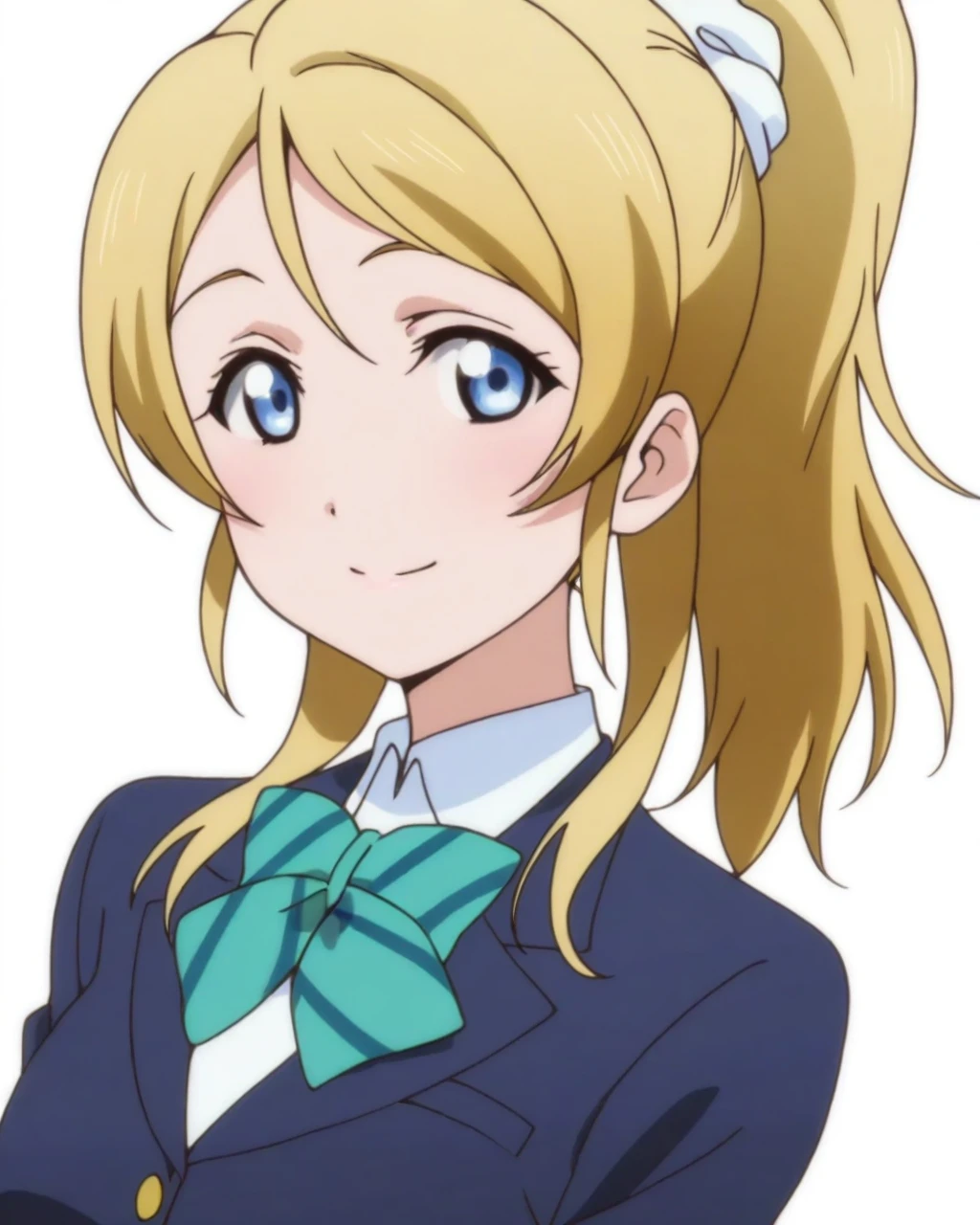 best quality, masterpiece, (anime screencap, simple background, solid white background:1.5), 1girl, solo, looking at viewer, upper body, <lora:eri-loveliveIL:0.8>, eri ayase, ponytail, scrunchie, long hair, school uniform, blazer, striped bow, smile