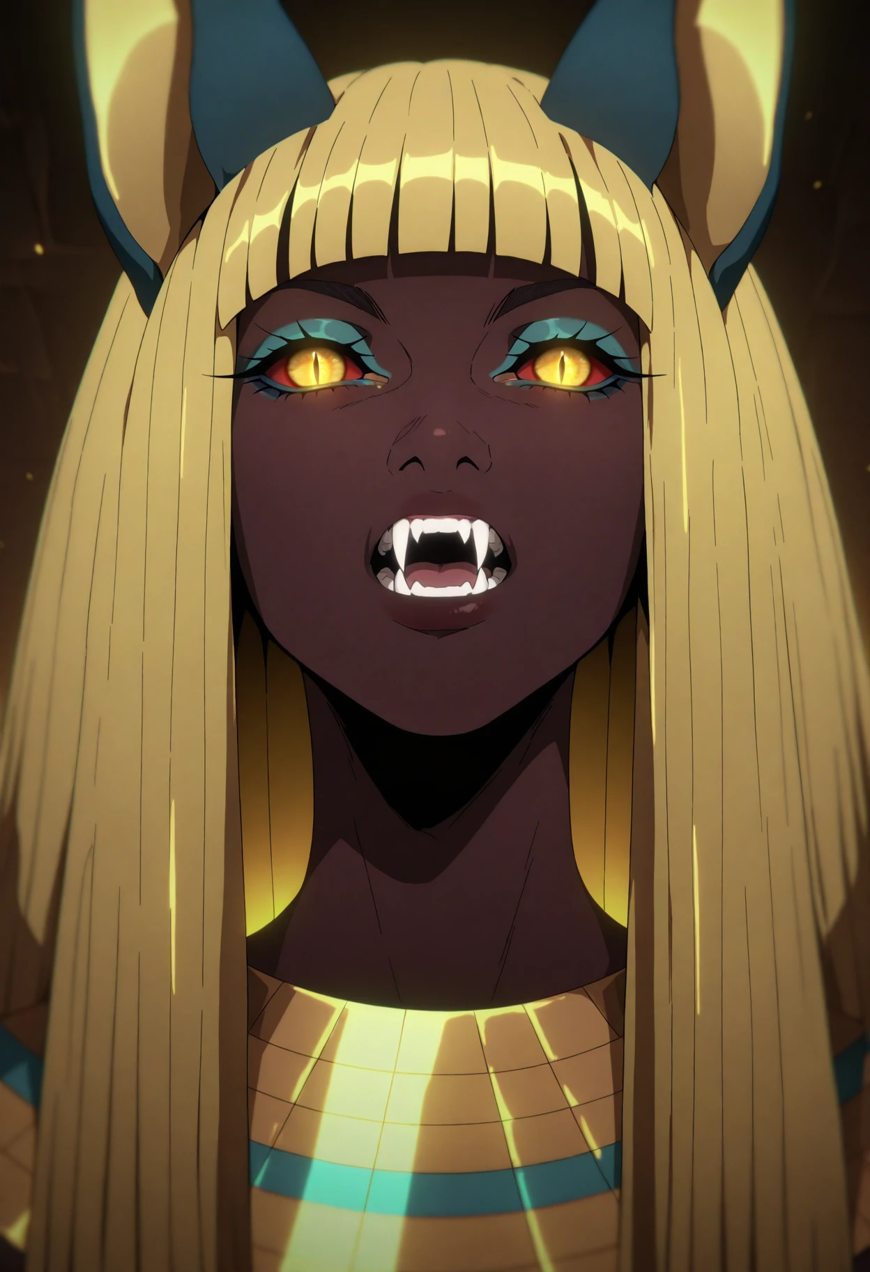 <lora:CastlevaniaNocturneILXL:1> n0cturn3,
solo, fangs, 1girl, dark skin, slit pupils, yellow eyes, glowing eyes, looking at viewer, colored sclera, dark-skinned female, teeth, glowing, portrait, open mouth, animal ears, egyptian, blonde hair, humanization, eyeshadow, masterpiece, best quality, amazing quality, intricate detail, highly detailed, absurdres,