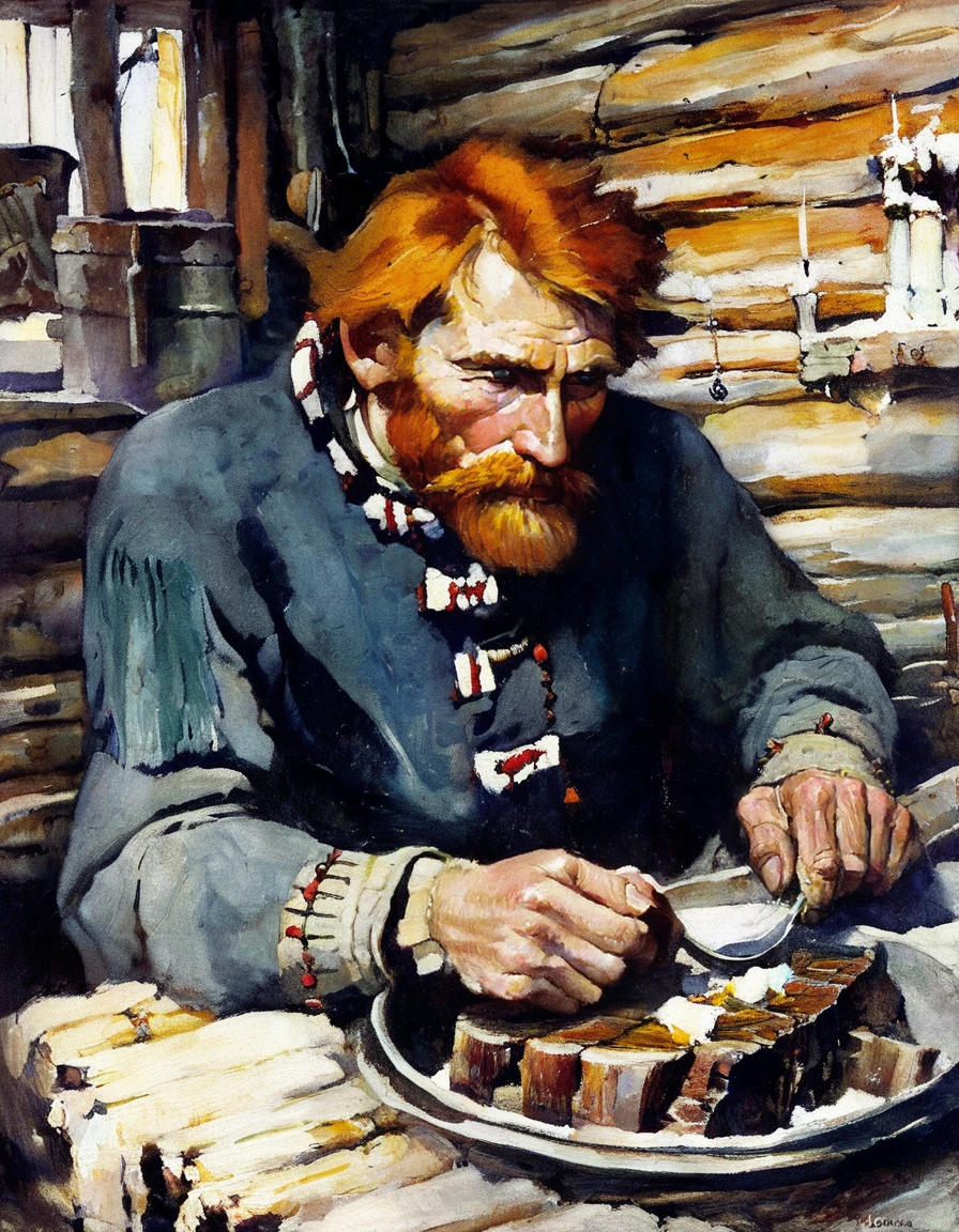 painting by Schoonover of an old red haired Man with strong features, dressed warmly, sitting at a rustic wooden table, eating a meal, in his log cabin, the cabin is decorated in a rustic style with a stone fireplace, and a bearskin rug, In Alaska, Winter 1905 <lora:FSchoonover-000003:1>