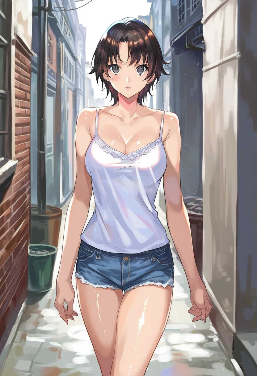 masterpiece, best quality, ultra-detailed, 1girl, eye-level shot, pendant, brown messy short hair, oily skin, (cleavage compression shirt), jeans, (abandoned underground path)