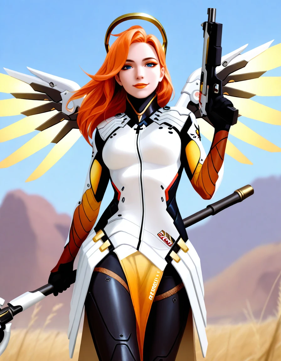 masterpiece, best_quality, ultra-detailed, absurdres, 
smile, cross necklace, solo, outdoors, 
<lora:MRW_IL-06:1>, mollyredwolf, pale skin, orange hair, long hair, orange eyeshadow, orange lips, 
<lora:OmniReal:0.25>, 0mn1r3al, <lora:Our_Muted_Future_Illu_Edition:0.25>, omfv2, <lora:zigouILL:0.25>, zigou, <lora:Sketch Illustration [LoRA] - Illustrious-XL v0.1:0.25>, sketch, 
mercy \(overwatch\) \(cosplay\), mechanical wings, mechanical halo, holding gun, holding staff