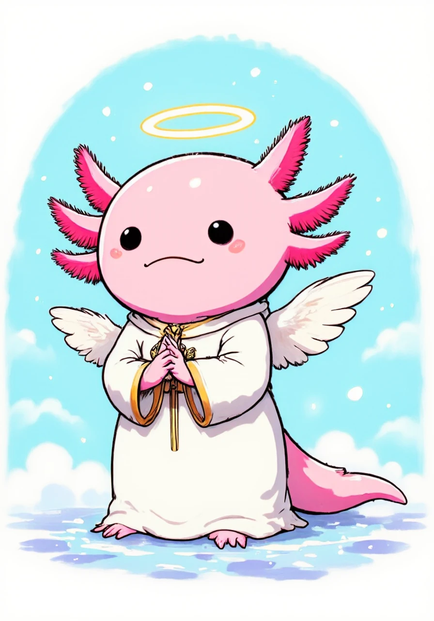 axolotl, a cartoon axolotl with halo over its head with an innocent smile , it has pink frilly gills and round black eyes, wears a robe and has white feather wings, its hands pressed together, clouds in the background<lora:Halo Angels improved_divine protector.safetensors:1.0:1.0> <lora:Axomodel_Flux_V2.safetensors:1:1>