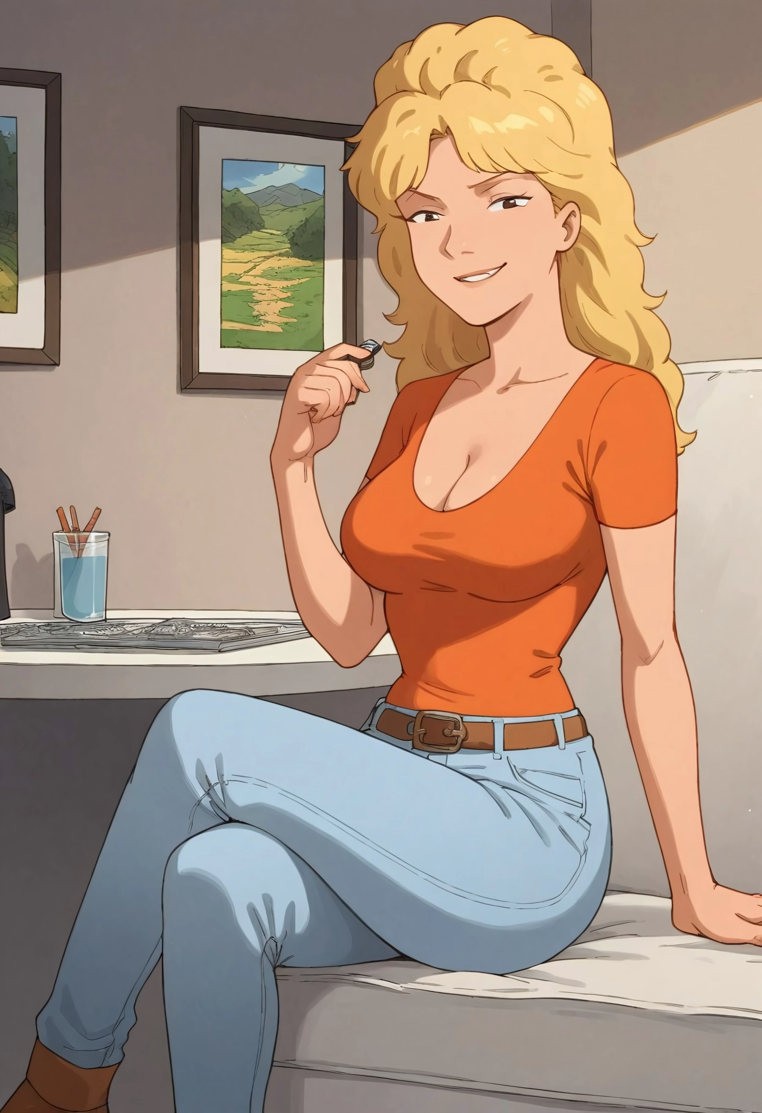 safe_pos, Score_9_up, score_8_up, score_7_up, BREAK, dynamic angle, Expressiveh, solo, 1girl, luaneepkoth, blonde hair, orange shirt, cleavage, perky breasts, blue jeans, legs crossed, sitting, bedroom, clutter, looking at viewer, smirk, detailed scenery