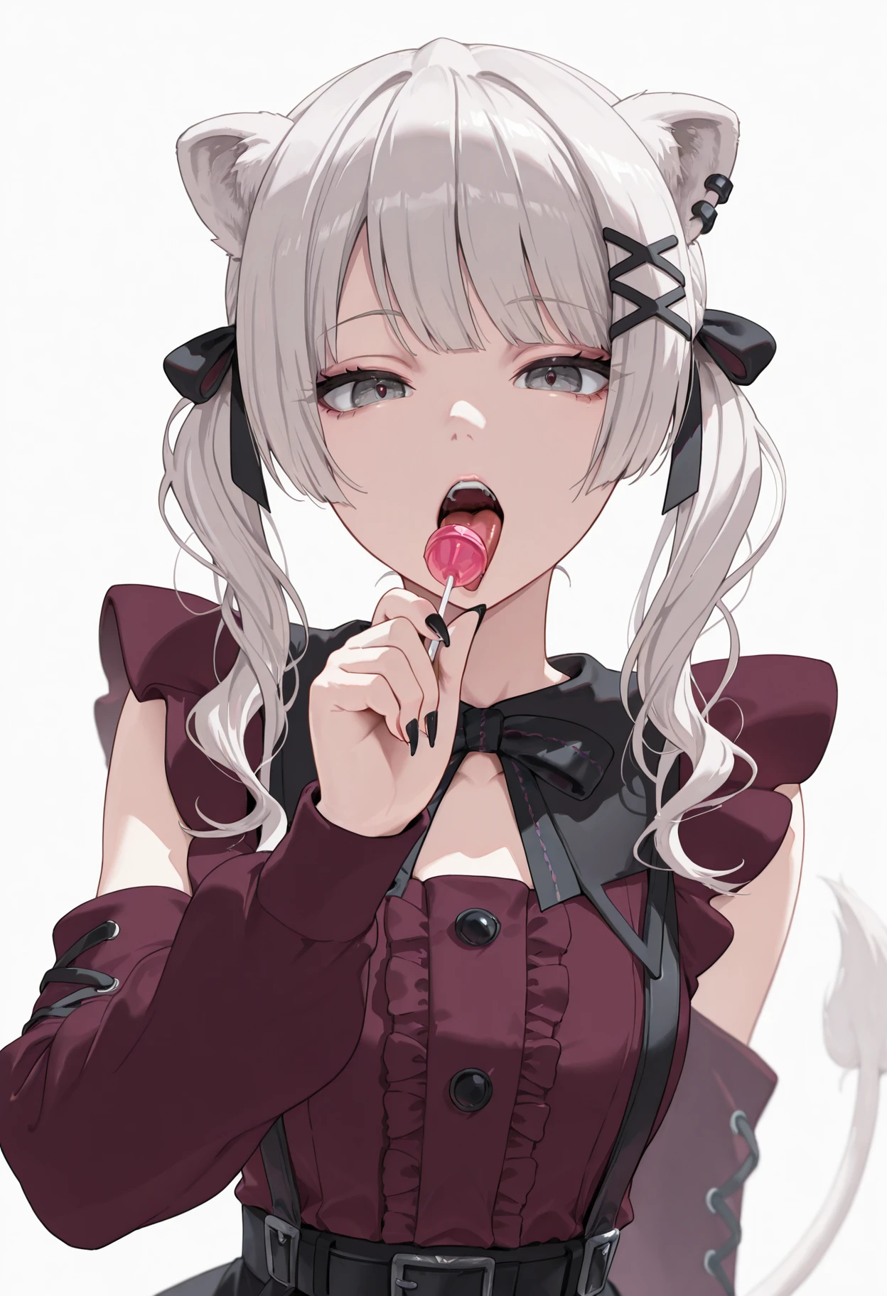 woman with cat ears, sexy, sitting on a table with black stockings, without shoes, the clasps of her blouse open, showing her white underwear, White hair, showing his fangs coming out of his mouth, sticking out his long tongue, long hair, red eyed, with a necklace around his neck