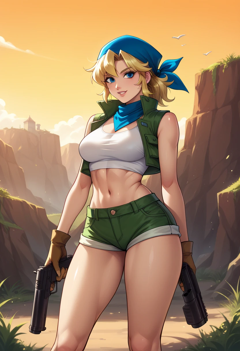 score_9, score_8_up, score_7_up, score_6_up, score_5_up, score_4_up, masterpiece, best quality, BREAK,
1girl, outdoors, warzone, <lora:Eri_Metal_Slug_Pony:1> eri_metalslug, blonde hair female, bandana, breasts, crop top, shorts, midriff, gloves, gun