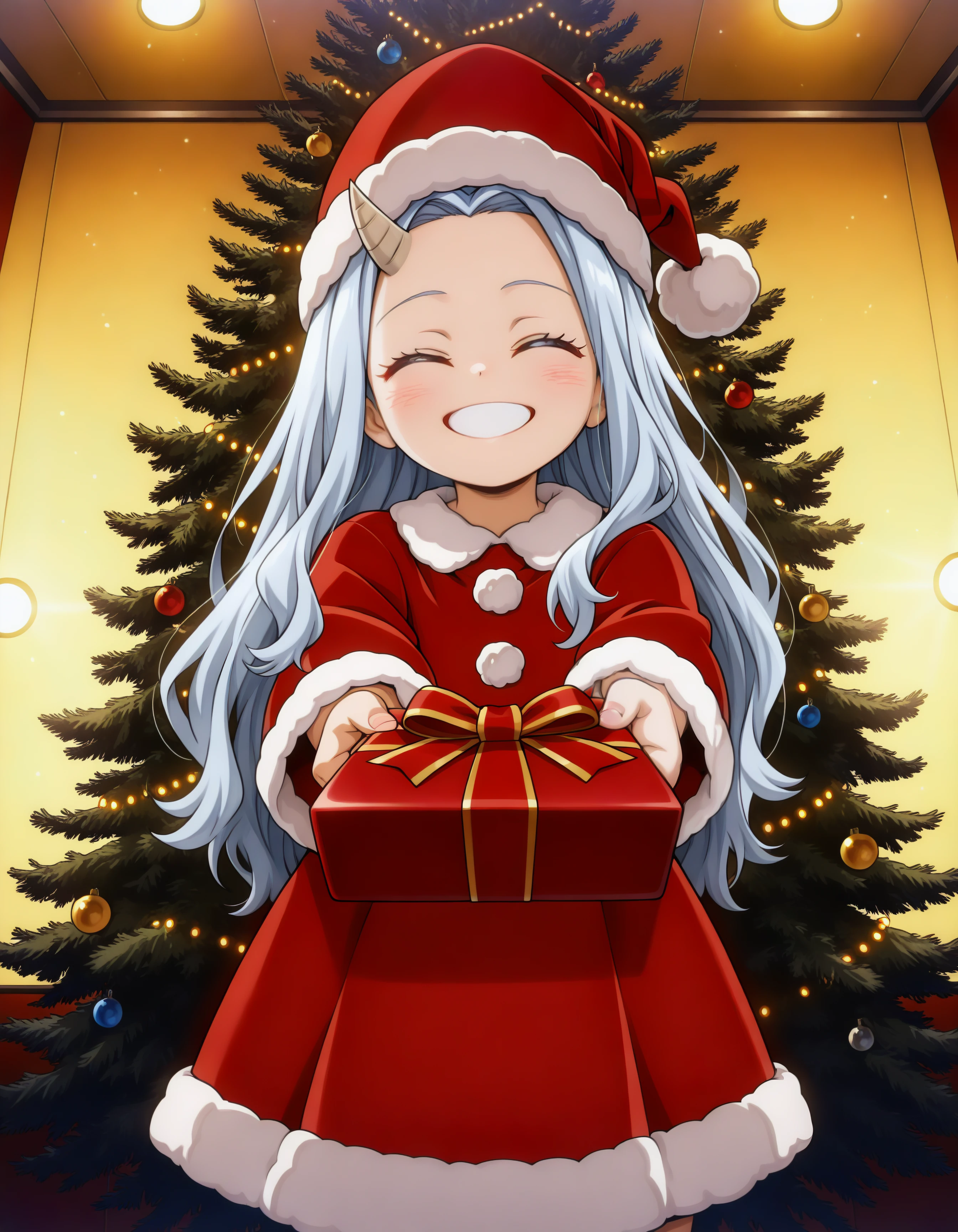 1girl, eri_mha, (one horn, horn on right side), (smile, incoming gift, christmas, colorful, oversized santa clothing and hat, innocent girl), little, kawaii, hdr, high contrast, upscaled, indoor,
(masterpiece, best quality, absurdres), masterpiece, highres, perfect anatomy, anime style, anime screenshot, 8k wallpaper, ultra high quality, (extremely detailed cg), (perfect lighting), (sharp image), AddXL