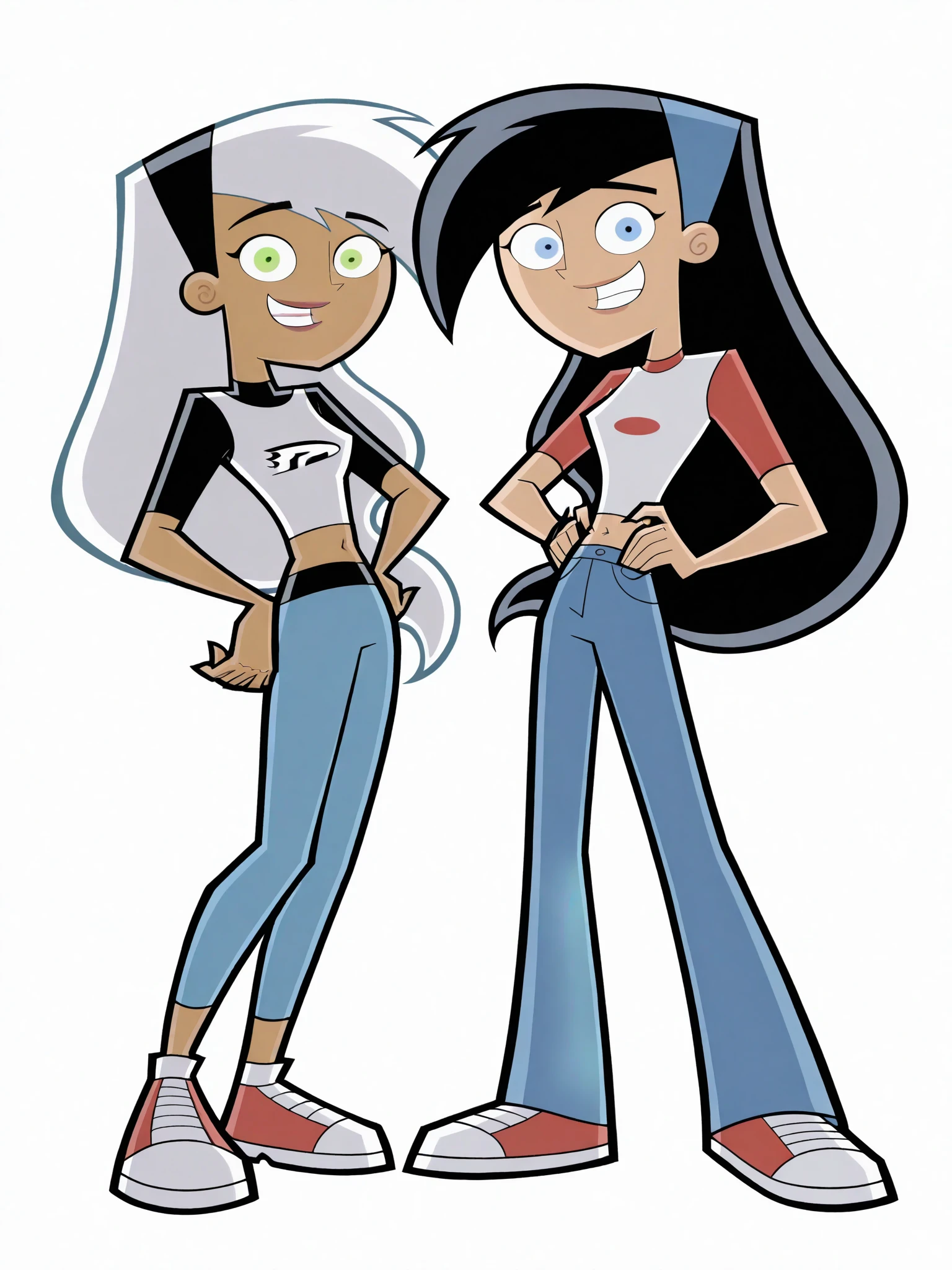Danny_Phantom, Danny_Fenton, 2girls, multiple_girls, black_hair, smile, green_eyes, pants, blue_eyes, long_hair, dark-skinned_female, jeans, dark_skin, multicolored_hair, shoes, two-tone_hair, white_background, shirt, white_hair, denim, simple_background, looking_at_viewer, navel, full_body, sneakers, hairband, midriff, standing, hands_on_hips, open_mouth, very_long_hair, blue_pants, bangs, red_footwear, crop_top, white_shirt, raglan_sleeves, t-shirt, grin
<lora:Danny_Phantom_Character_Illustrious_SD8:1> <lora:Danny_Phantom_(Style):.75>