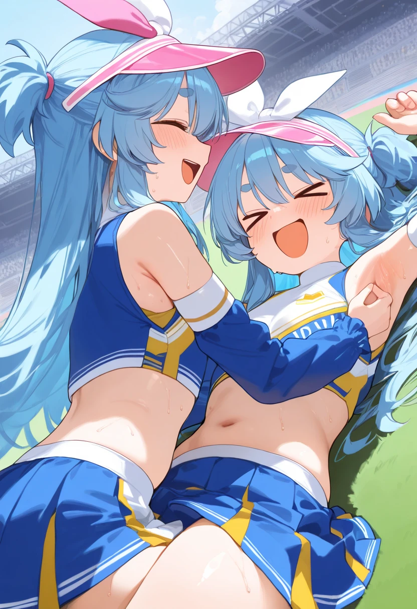 (((Little girls,))) (((children,))) (Open your crotch and legs wide and lie down on the bed,Colorful hair),Colorful eye,(((Three beautiful girls,))((the little girls,)) ((child)), ((Frill Cheerleader costume girls,))),twintail hair,blunt bangs,twin drills, blushing face, and shyly glaring at her.Heavy breathing,saliva, sweat, Sweaty and wet all over,((Perfect body,))((Super beautiful,))((High quality,))((very small breast)),((little girl)), ((child)), young body, ((that see-through costume,))((exposes a lot of skin)), ((not wearing underwear,)) thigh-high socks, and garter belts,(see-through), Looking at Viewer,small breast,Sweaty body, (tear),covered in Juice, love Juice dripping from her crotch,(Three beautiful girls are pressing their bodies against each other),Rough breathing, sweaty body,Blushing, looking shy at me,Sweaty body,nipple,open mouth,tongue out,incoming kiss, incoming hug,
