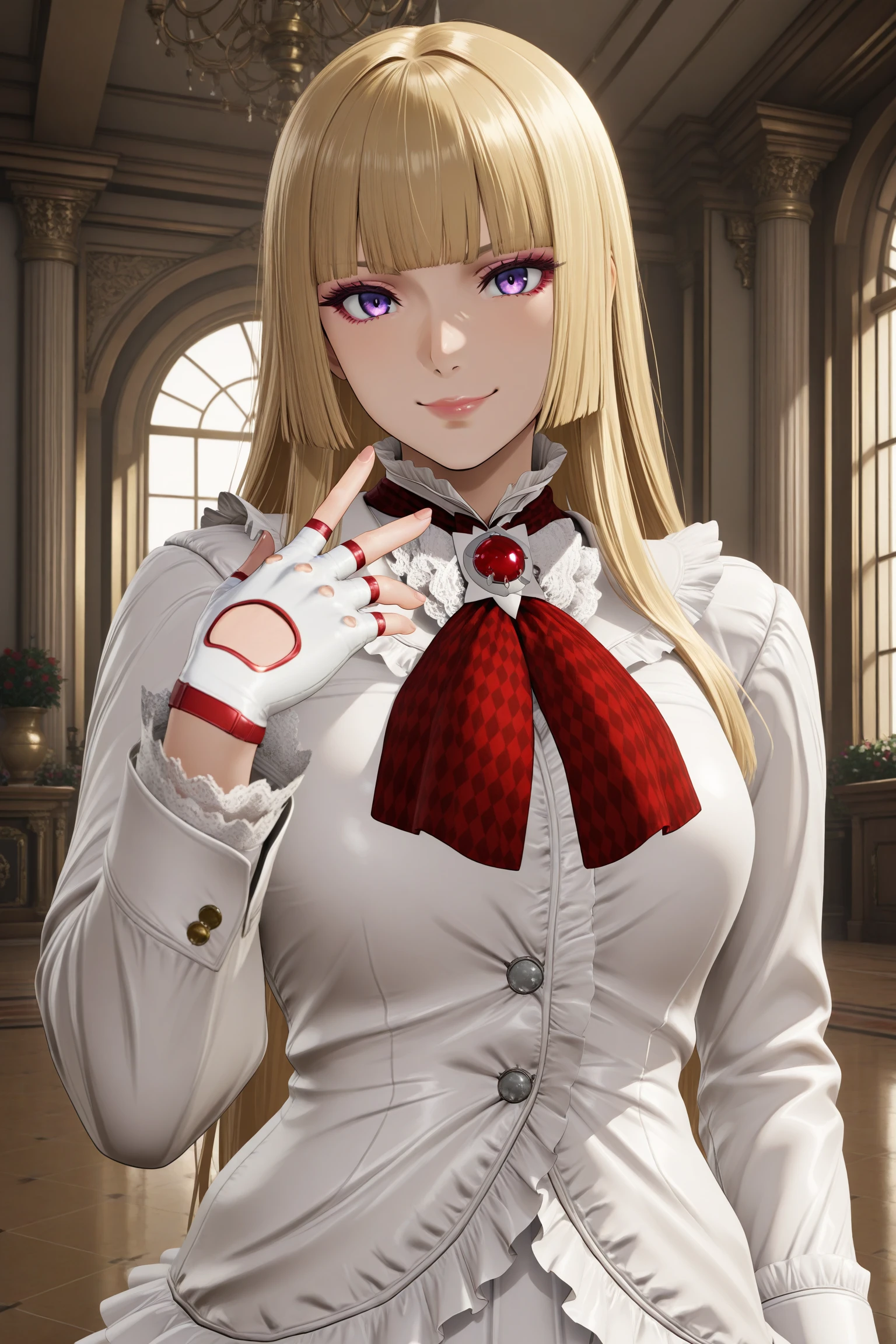 masterpiece, best quality, amazing quality, highres, absurdres, very aesthetic, high resolution, ultra detailed, perfect details, 1girl, solo, indoors, lilit5p2, long hair, hime cut, blonde hair, blunt bangs, purple eyes, makeup, eyeshadow, lips, white jacket, white skirt, frills, frilled jacket, frilled skirt, white gloves, fingerless gloves, brooch, red neckerchief, white footwear, knee boots, high heel boots, <lora:Emilie_de_Rochefort_ILXL:0.8>, (aged up:1.5), (upper body:1.5), smile, looking at viewer, (2023:2), anime coloring