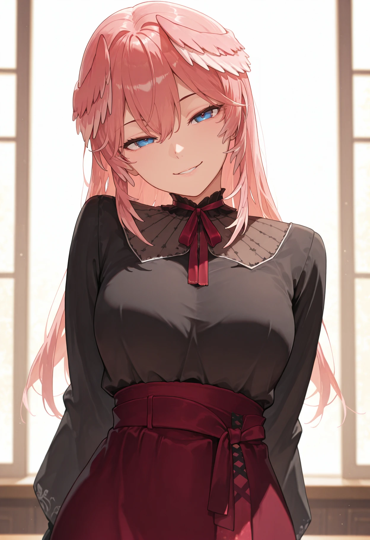 masterpiece, best quality, amazing quality,
<lora:luiIL:1>,
luicasual, long sleeves, long skirt, neck ribbon, black shirt, high-waist skirt, ribbon, red skirt, 1girl, solo, looking at viewer, head tilt, long hair, head wings, upper body, seductive smile,