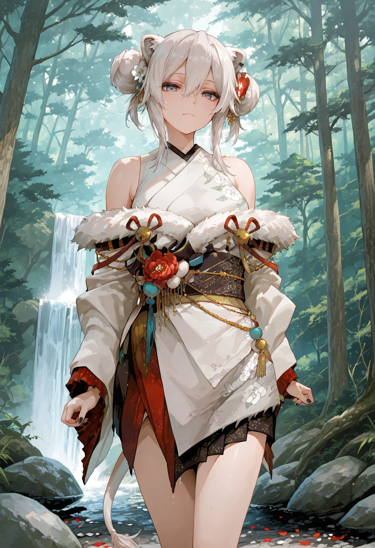 masterpiece, best quality, amazing quality,  
<lora:botanIL:1>, botanIL, botannewyear, sidelocks, japanese clothes, hair between eyes, sleeveless kimono, off shoulder, fur-trimmed kimono, double bun, obi, bare shoulders, sash, hair flower, white kimono, obijime, flower, 1girl, architecture, day, east asian architecture, fantasy, flower, forest, looking at viewer, nature, outdoors, petals, scenery, solo, standing, tree, waterfall,  black nail polish, lion tail, 
 <lora:748cmSDXL:1> 748cmstyle