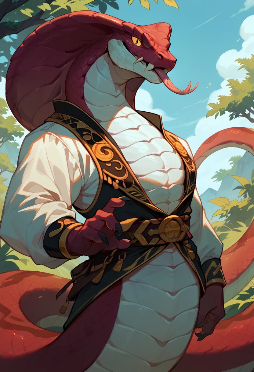 score_9, score_8_up, score_7_up, hi res, high quality, anthropomorphic_snakes_(naga), solo, white body, yellow sclera, slit pupil, smile, scales, no humans, tail, colored sclera, tongue, portrait, <lora:Anthropomorphic_snakes_Naga:1>