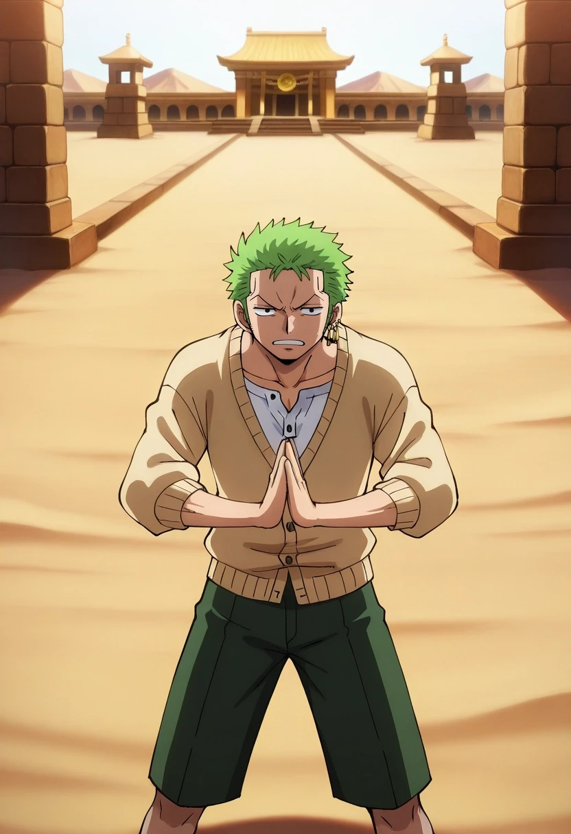 masterpiece, best quality, , anime screencap, anime coloring, official style, , 1boy, solo, male focus, <lora:zoro_roronoa_ilxl:0.9>, zoro_roronoa, green hair, black eyes, short hair, wano country arc, chonmage, japanese clothes, kimono, sideburns, earrings, , desert temple, sand columns, sun dials, ritual spaces, worship pose, solemn expression, noon, Shorts, Henley cardigan, , , and andRucksack