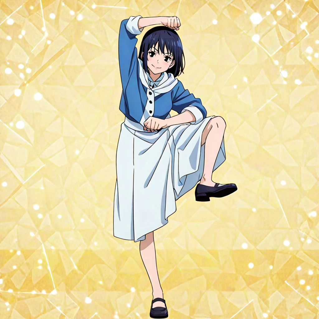 1girl, solo, general, full body, jujutsu pose, standing on one leg, arm up, leg up, looking at viewer, smile, standing, anime screenshot, anime coloring, masterpiece, highres, absurdres, very aesthetic, newest, best quality, good quality