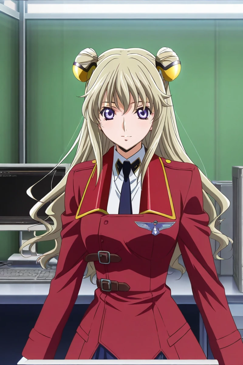 <lora:leila_malcal_CGA_illus:1>leila malcal, hair accessories, winter military uniform, 1girl, long hair, blue eyes, blonde hair, hair ornament, gloves, dress, school uniform, purple eyes, hair bun, double bun, standing, computer room, indoor, monitoring room, looking at viewer, red coat, cheerful, smile,