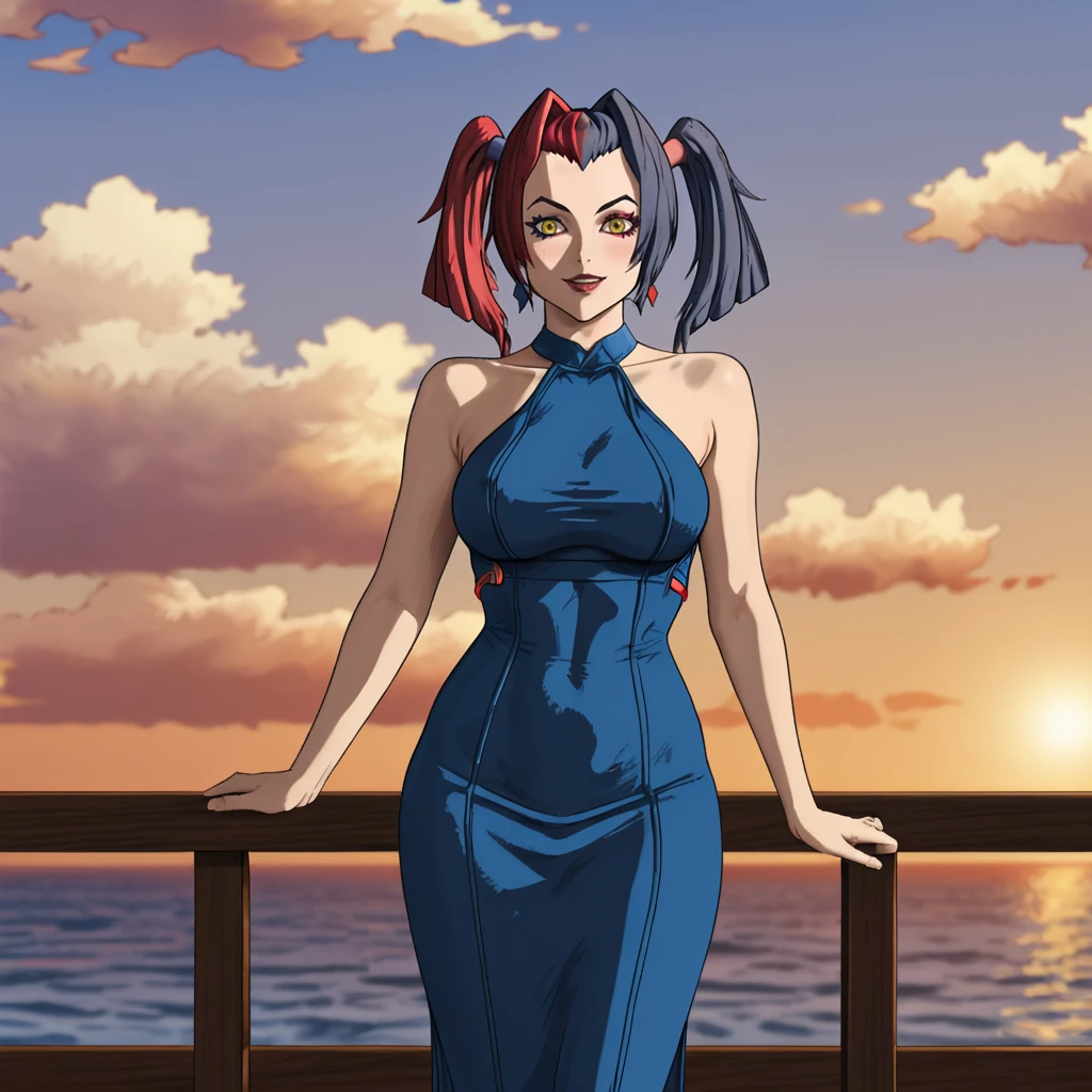 <lora:harleyquinnbatmanninja_pony_v1:.7> HarleyQuinnBatmanNinja, 1girl, large breasts, yellow yes, blue hair, red hair, twintails, makeup, multicolored hair, cowboy shot, looking at viewer, <lora:0932 Home wear 9_v1_pony:1> ruanyi0932,blue dress,halter dress,sleeveless,cowboy shot,taut dress,skin tight,long dress
