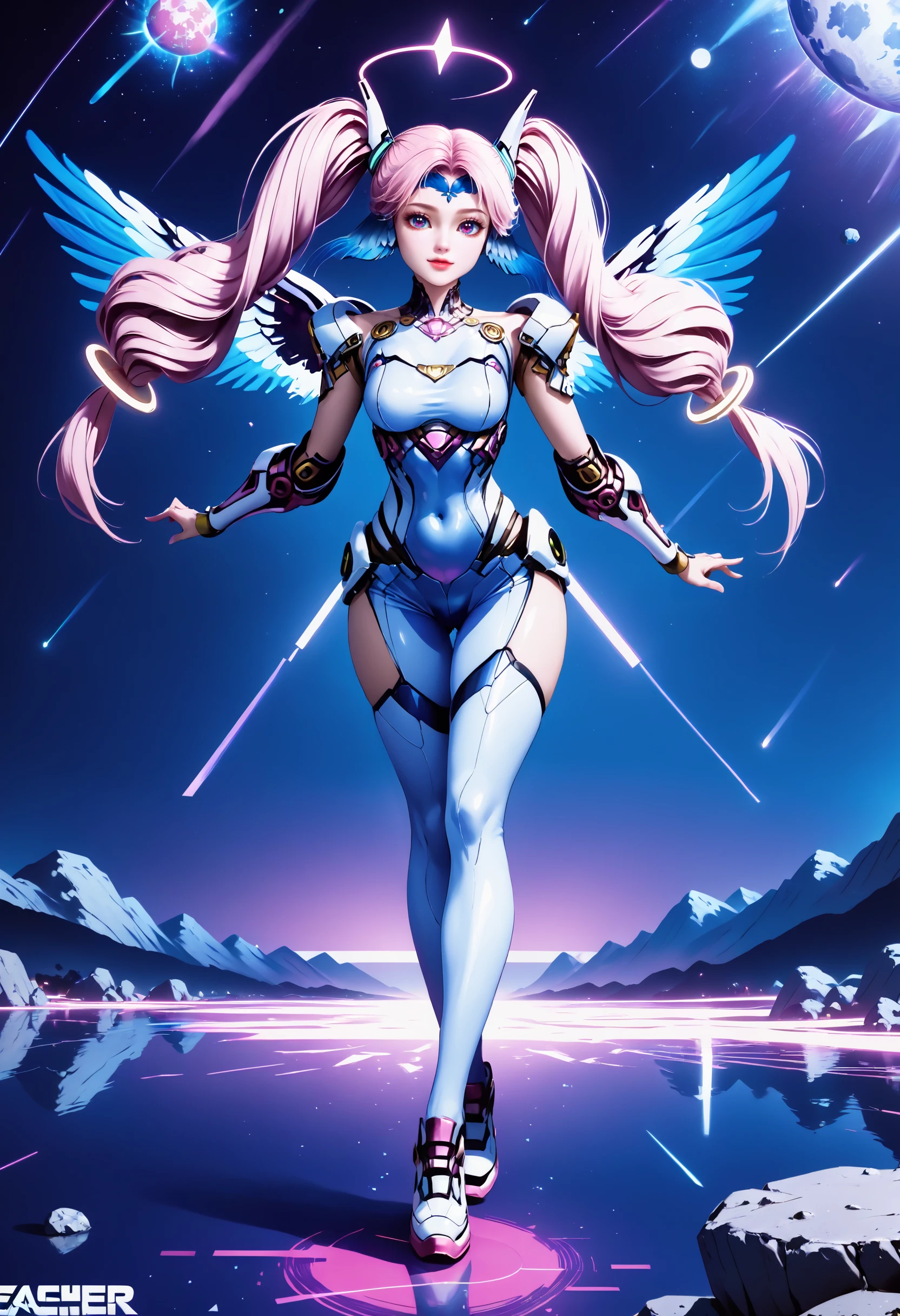 Masterpiece, best quality, amazing quality, very aesthetic, high resolution, ultra-detailed, absurdres, HDR, cinematic lighting, highres, newest,
aichen, 1girl, pink hair, solo, long hair, twintails, drill hair, purple eyes, blue head wings, blue forehead jewel, hair ornament, glowing golden rings on the twintails at the end, dutch_angle, pink aura, heart, dynamic_pose, flying, vaporwave, cyberpunk, bodysuit, realistic, photorealistic, arm up, blue background, night, blue flower, moonlight, rock, white_legwear, white_footwear, glitch, glitch_art,