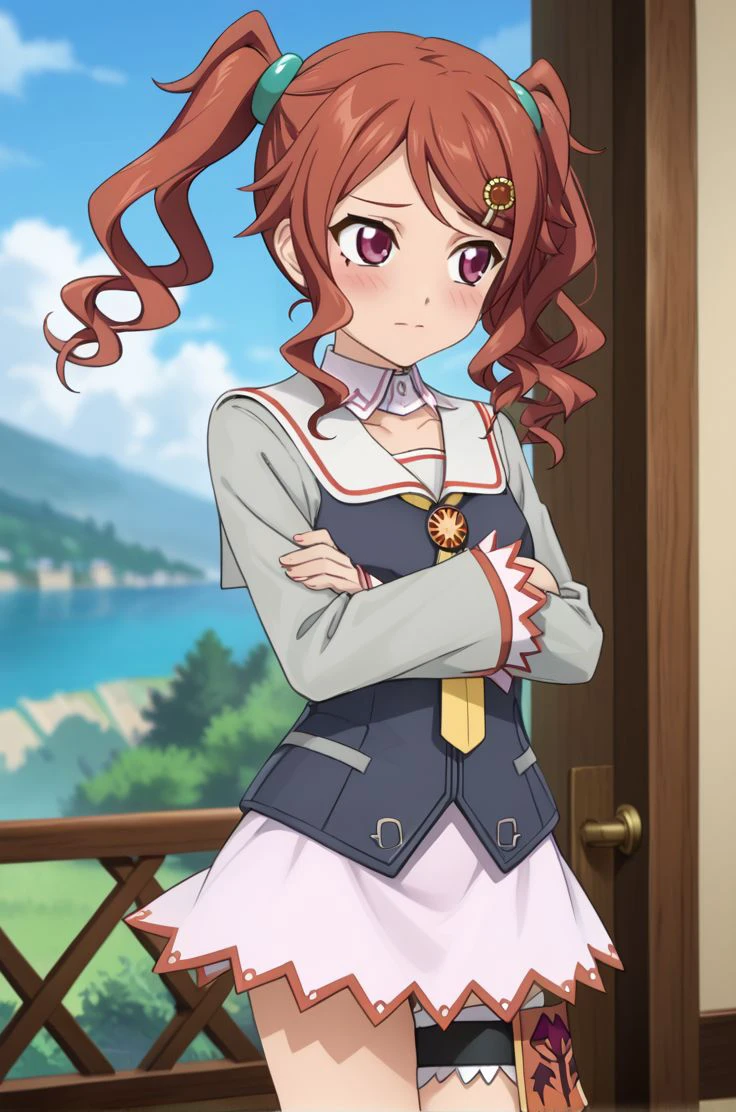 <lora:add-detail-xl:1>source anime, detailed, official art, masterpiece,
<lora:HandFineTuning_XL:1>
BREAK,
indoor, blurry background,
looking away, embarrassed, blush, looking away, arms crossed,
BREAK,
<lora:droitegauche_pdxl_v01_1:0.9>tovgauche, brown hair, brown eyes, twintails, sailor collar, long sleeves, red hair, purple eyes, yellow necktie, frilled sleeves, white skirt, thigh strap, detached collar