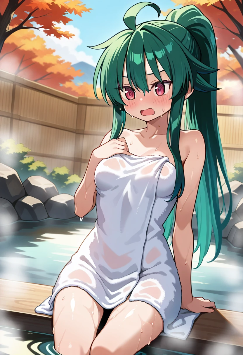 1girl, solo, nsfw,, (wearing nothing: 1.5), large breasts., empty eyes ,run elise jewelria, , green hair, long hair, red eyes, AHOGE,, flooding, fire, heavy snowfall, frozen, file, crying, sea, cooking, whole body, Cherry tree、 blue sky, church,, classroom, garden, , nipple , wet, hospital、、、 amusement park、