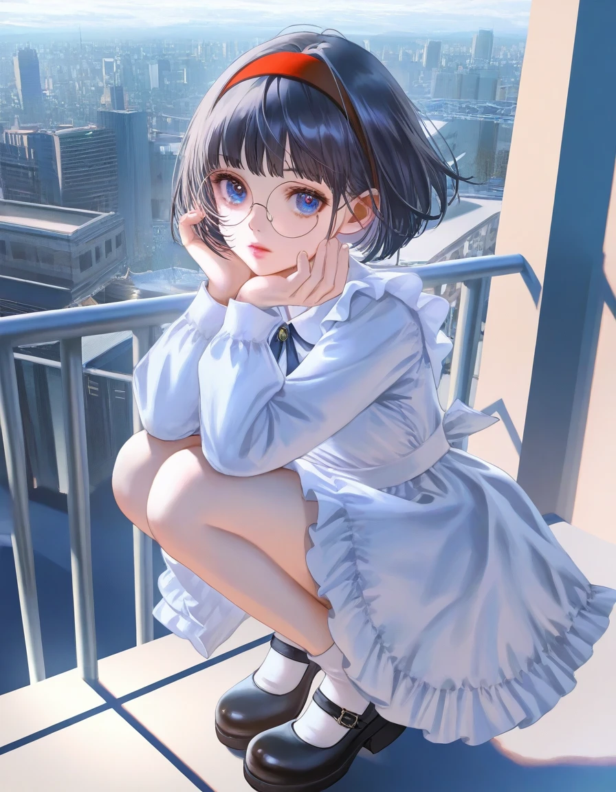 1girl,realistic,, bob cut, dark blue hair, hairband, red band,  white dress, frilled dress, mary janes, round eyewear, blue eyes, leaning on railing, cityscape, sunlight, pink lips, long sleeves, tiptoes, 
(Morikura En:1.05), Rella,(nanaken nana:0.9524),u u zan, banishment, stu dts,(miv4t:0.9524),(wlop:0.907) (suzumi \(ccroquette\):1.1025),rei \(sanbonzakura\),torino aqua,close-up, squatting,