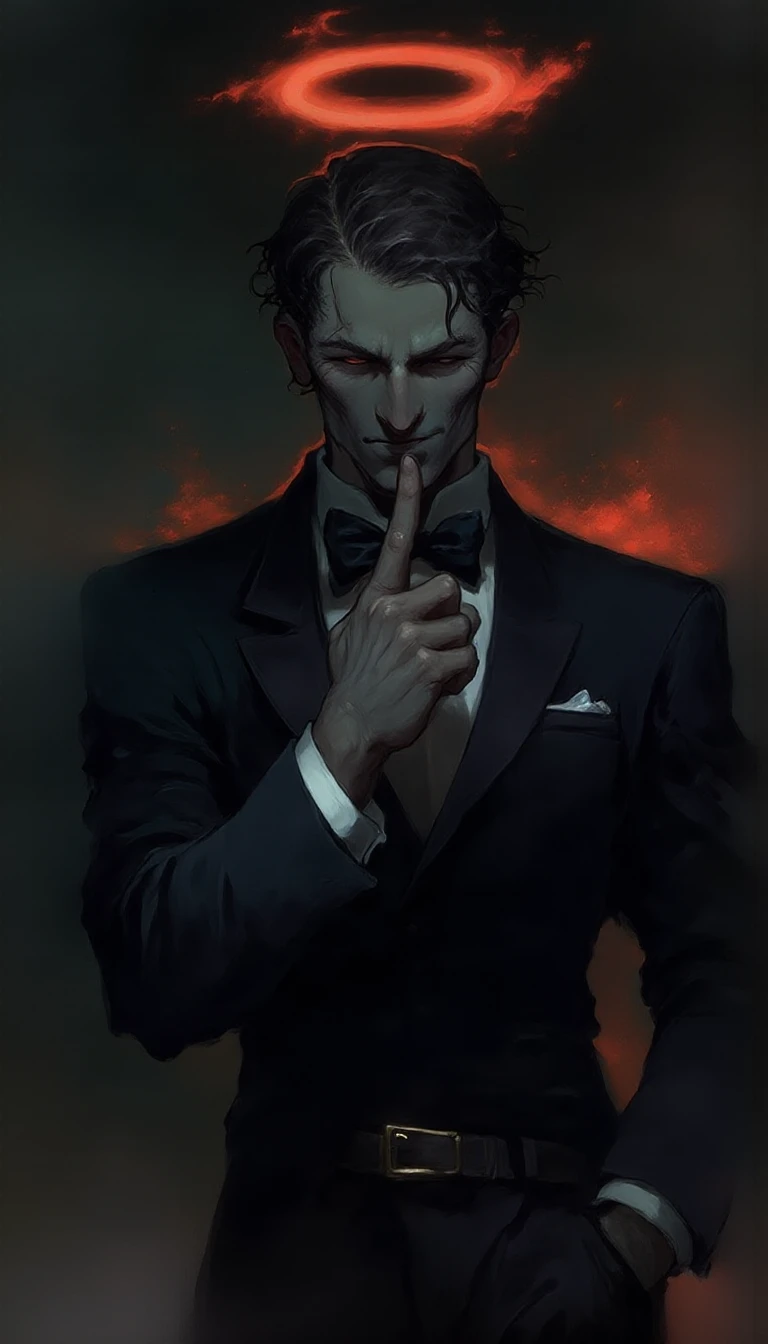 <lora:orithis-vale-style:1.5>, a suave, dark-haired man in a black tuxedo, white shirt, and black bow tie. He put a finger to his lips and arched an eyebrow with a playful smile as if he calling for silence. above his head is a bright scarlet angelic halo. The background is a dark, moody gradient with a hint of red light on the right, adding a dramatic effect, 0r1t1s