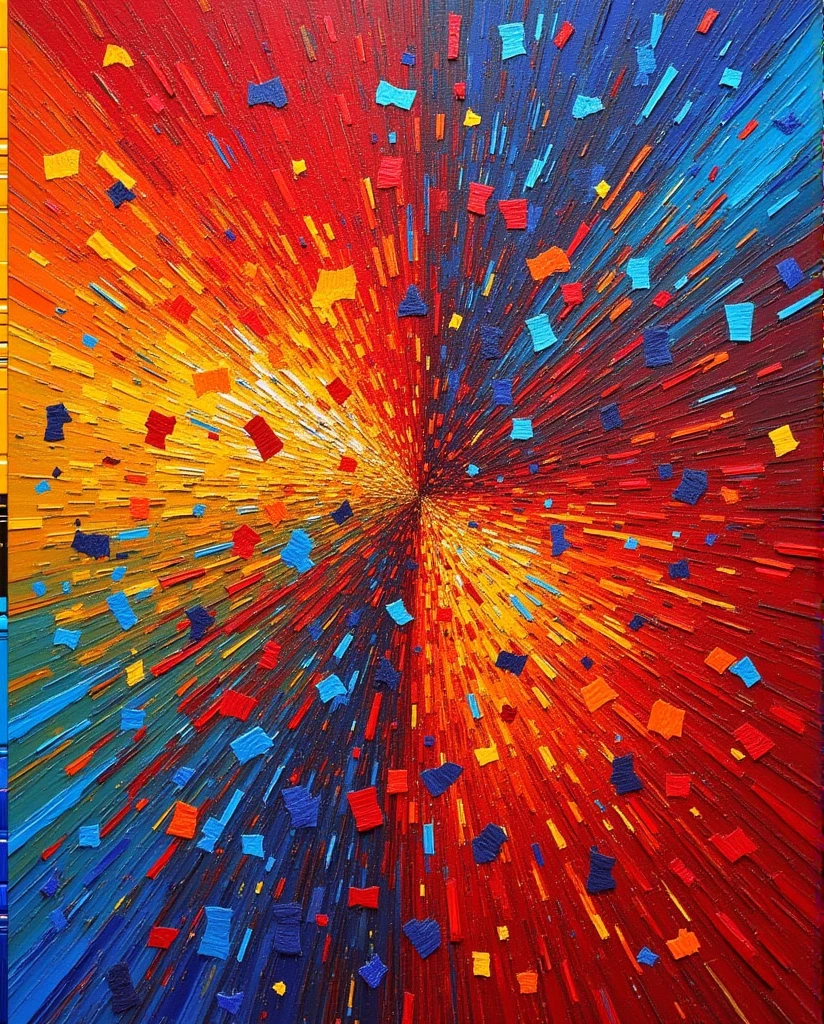 abstract_arts,The caption for this artwork could be: "Vibrant Abstract Expressionism with a palette of bold colors and dynamic brushstrokes." This piece showcases an abstract style, characterized by its use of color to create visual interest rather than representational forms or objects. It's rich in texture and appears almost **** shards of light intersecting against different colored background sections that evoke both warmth (red) and coolness (blue). Overall it conveys energy through geometric shapes arranged within what seems to be a structured yet chaotic composition typical of expressionist art movements where emotion is often prioritized over realism