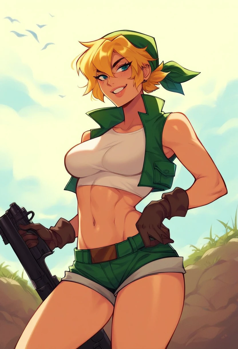 score_9, score_8_up, score_7_up, score_6_up, score_5_up, score_4_up, masterpiece, best quality, BREAK,
1girl, outdoors, warzone, <lora:Eri_Metal_Slug_Pony:1> eri_metalslug, blonde hair female, bandana, breasts, crop top, shorts, midriff, gloves, gun