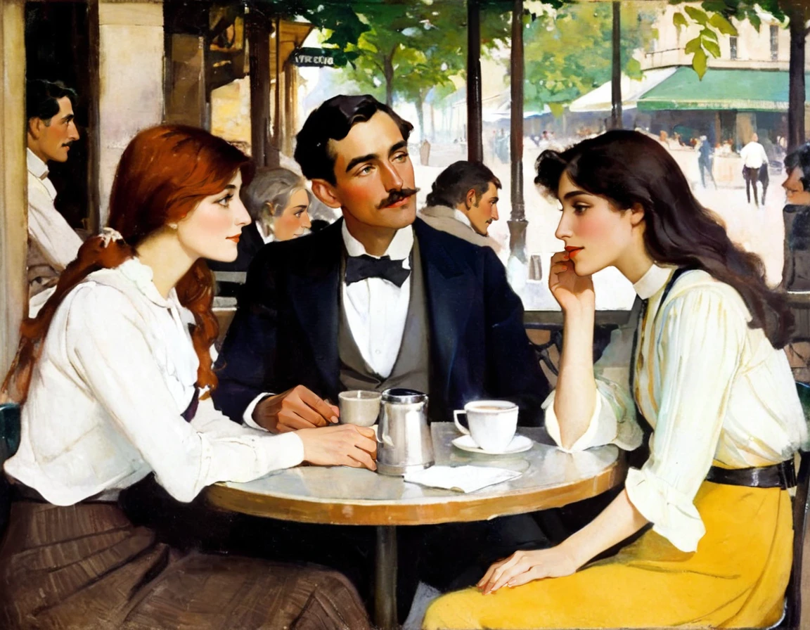 painting by Schoonover of friends, young woman enjoying a conversation with her parents in an outdoor cafe in Paris in the afternoon of the summer of 1911 texture, top down, <lora:FSchoonover-000003:1>