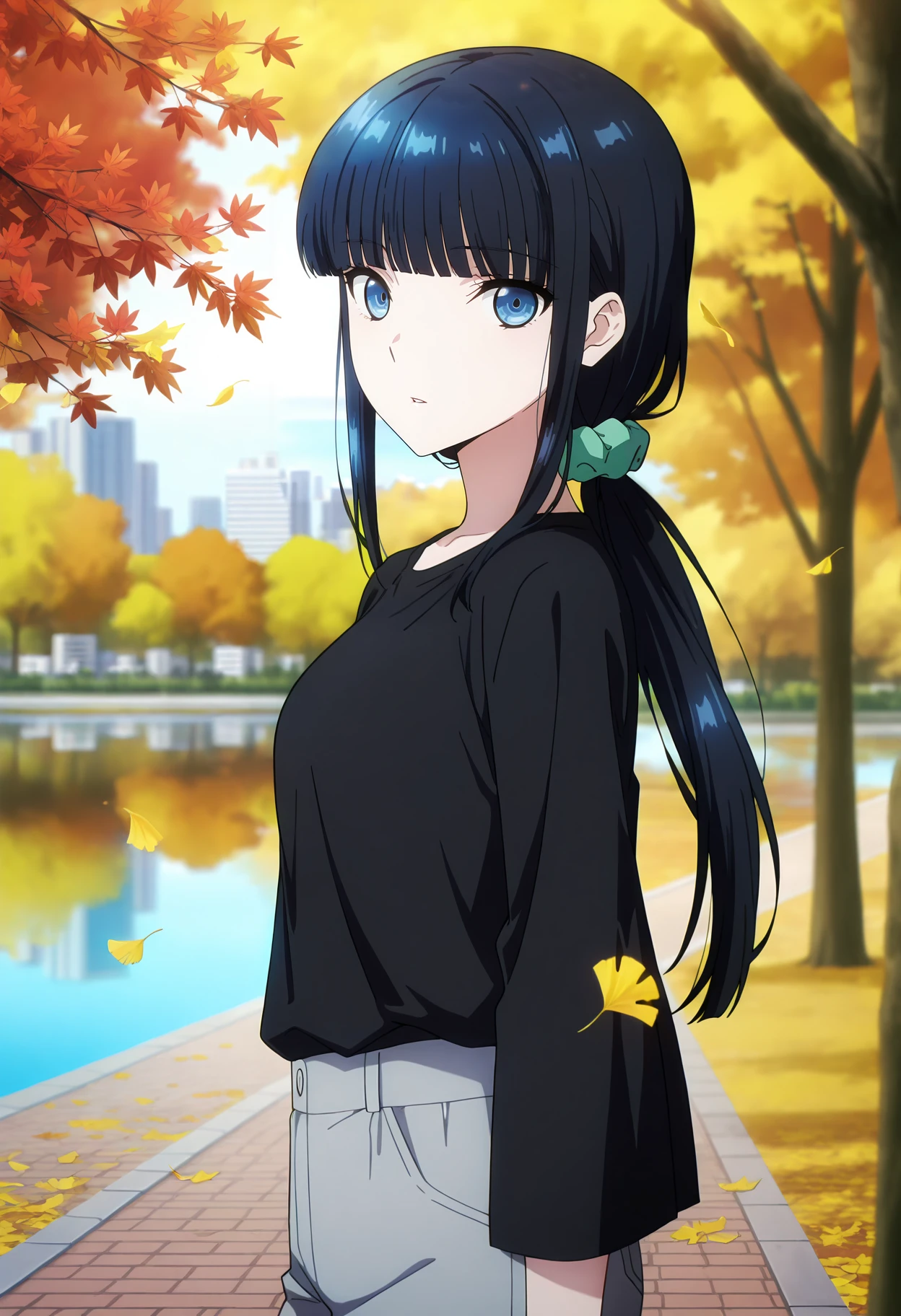 anime screencap, masterpiece, best quality,
<lora:MahoukaKoukouNoRettousei_ShibaMiyuki_IlluXL:0.9>,
1girl, solo, parted lips,
low ponytail, long hair, black hair, blunt bangs, blue eyes, hair scrunchie, green scrunchie,
black shirt, grey pants,
looking at viewer, cowboy shot,
outdoors, autumn, falling leaves, park, city, lake, blurry background