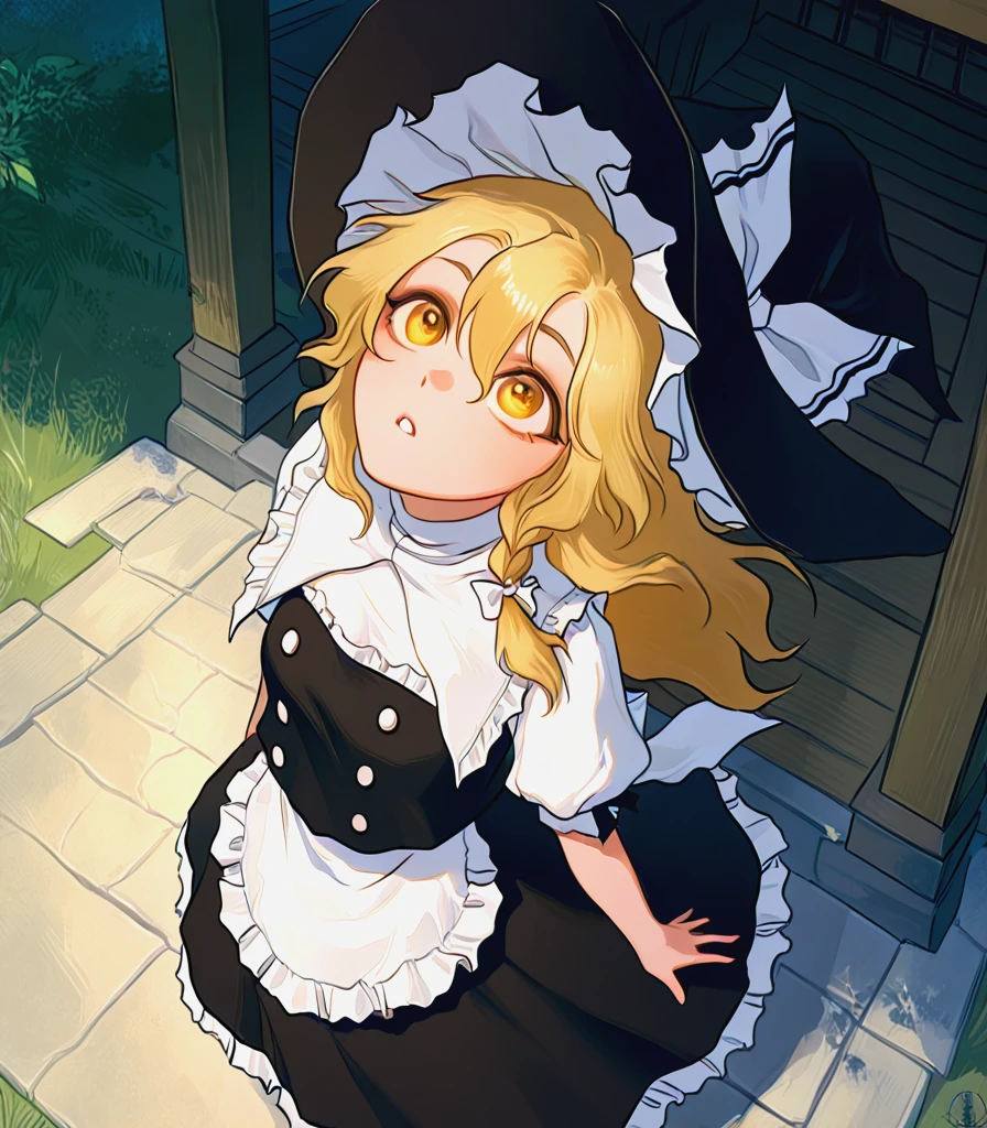 best quality, (high quality, highres, masterpiece),
nat the lich,
1girl, kirisame marisa, standing, looking up,
(from above:1.2), dynamic angle, (dutch angle:1.15),
hakurei shrine,
round eyes, anime, detailed eyes,
<lora:Illustrious_Nat_The_Lich_-_Artist_Style:1.0>