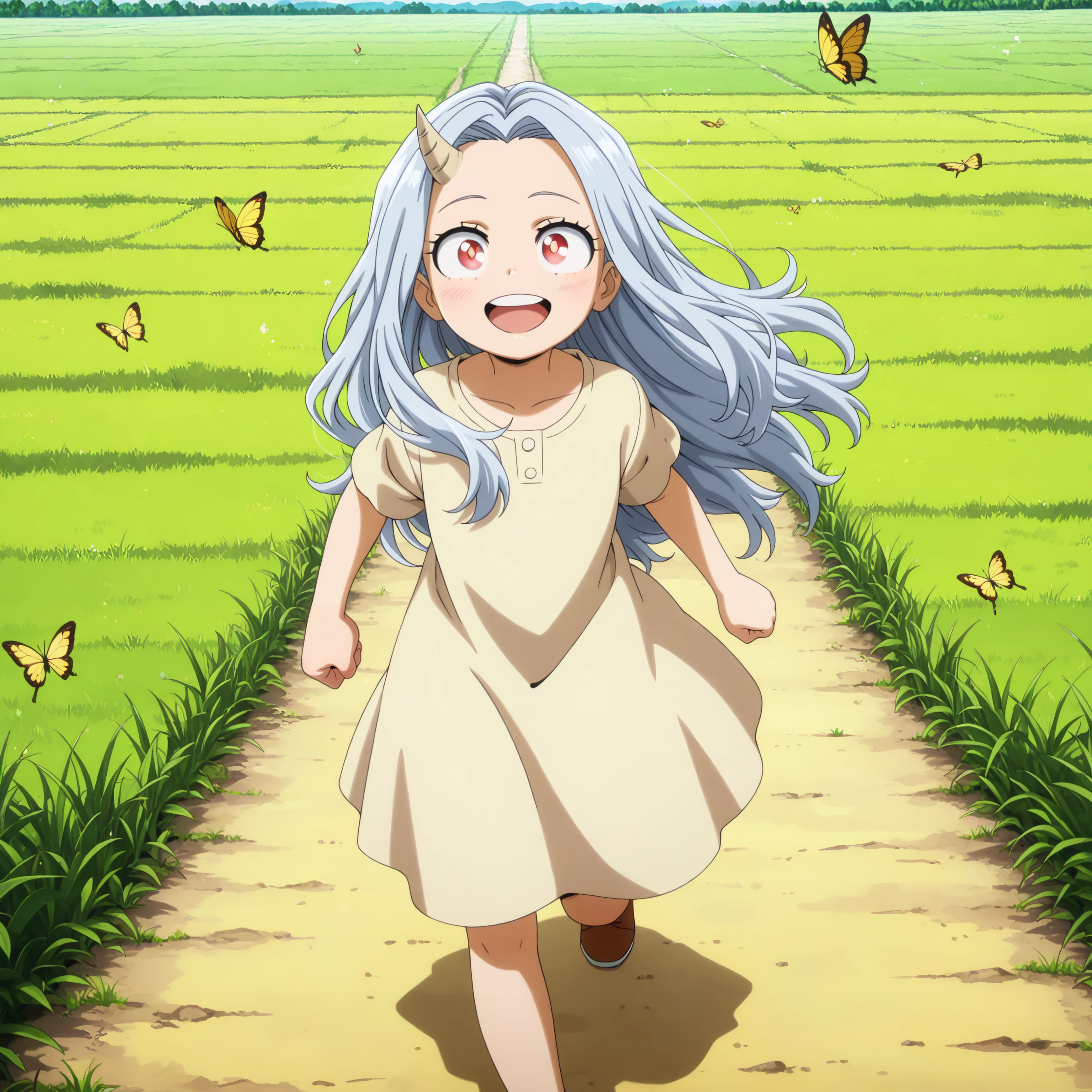1girl, eri_mha, (one horn, horn on right side), (happy, running,in motion, catching butterflies), sleevless top, kawaii, hdr, high contrast, upscaled, outdoor, green field,
(masterpiece, best quality, absurdres), masterpiece, highres, perfect anatomy, anime style, anime screenshot, 8k wallpaper, ultra high quality, (extremely detailed cg), (perfect lighting), (sharp image), AddXL