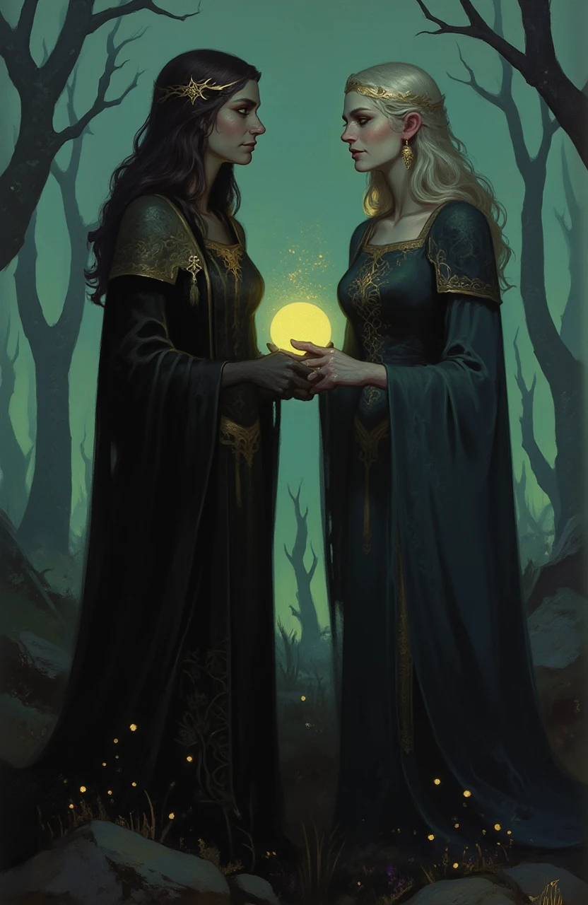 <lora:orithis-vale-style:1>, two ethereal women with long hair and golden crowns, dressed in dark, flowing robes with intricate patterns. One holds a glowing orb, standing amidst a misty, moonlit forest with sparse trees and glowing fireflies. The atmosphere is mystical and enchanting, 0r1t1s