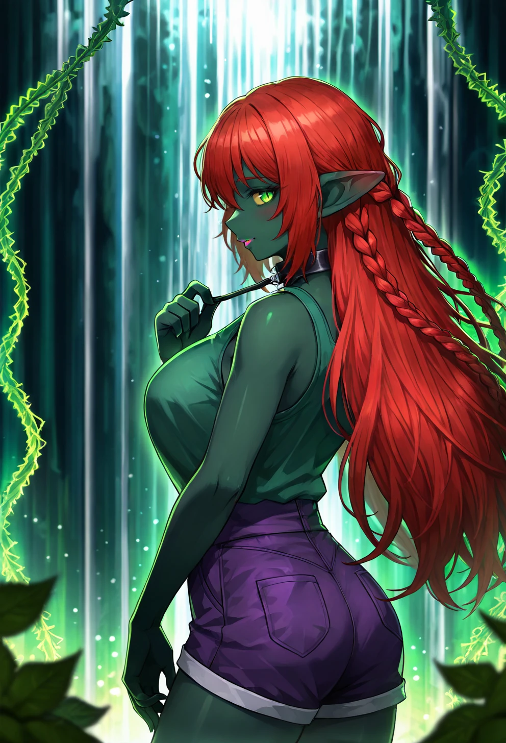 female,solo,chic ivory tank top with high-waisted shorts and combat boots,red hair,Twisted Rope Braid,wispy bangs,big breasts,green eyes,looking back,one-eyed,no sclera,slit pupils,dark Green skin,no tail,human ears,monochromatic lipstick,collar tug,sunlit vineyard terrace, grapevines, terracotta tiles, rustic charm, gentle breeze,Blurred edges of shapes,Close-up profile shot,Delight,dramatic shadows,Sharp, vivid light contrasts,Waterfall of glowing colors,lobotomycorpifitwasagachagame, <lora:Limbus_Company_r1:0.75>,