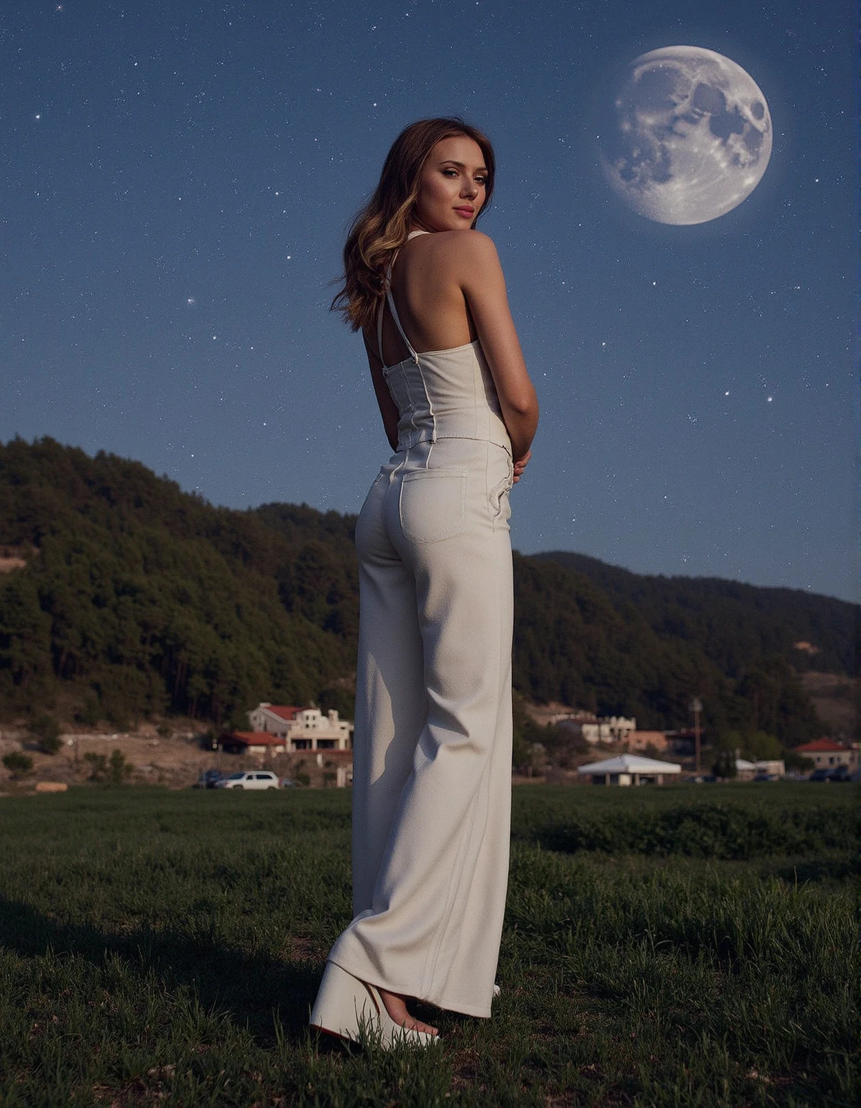 Breathtaking medium shot photography of ohwx, wearing a beautiful top, , Verdant valleys are dotted with picturesque cottages,Starry sky with a full moon,soft lighting, dressed in a halterneck jumpsuit with wide legs and platform heels,upper body shot, smile, (upper body framing:1.3), sensual lips, eyelashes, fine hair detail, perfect eyes, iris pattern, eyes makeup, (perfectly sharp:1.3), (head to shoulders composition:1.4), realistic textures, (deep focus:1.1), negative space around subject, 8k uhd, dslr, ultra high quality image, film grain, Fujifilm XT3