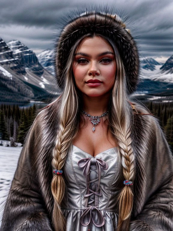 <lora:000ArianaGreenblatt:0.7>,adri,<lora:age_slider-LECO-v1:-1>,
A young woman with long blond hair,dressed in a costume reminiscent of the traditional clothing of northern peoples. She wears a fur cape with a hood,decorated with ears,and a dress with fur and leather elements. Jewelry is visible on her neck and wrists,and her hair is decorated with feathers and beads. A snowy mountain landscape is visible in the background.,, <lora:more_details:1> <lora:detailSliderALT:1>